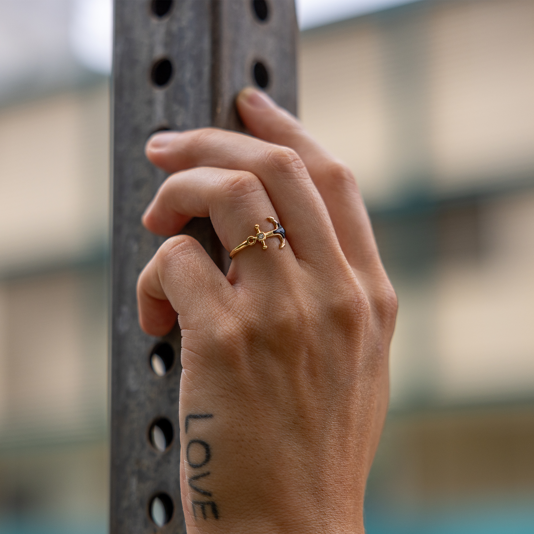 Sealife Anchor Black Coral Ring in Gold with Diamonds - 11mm