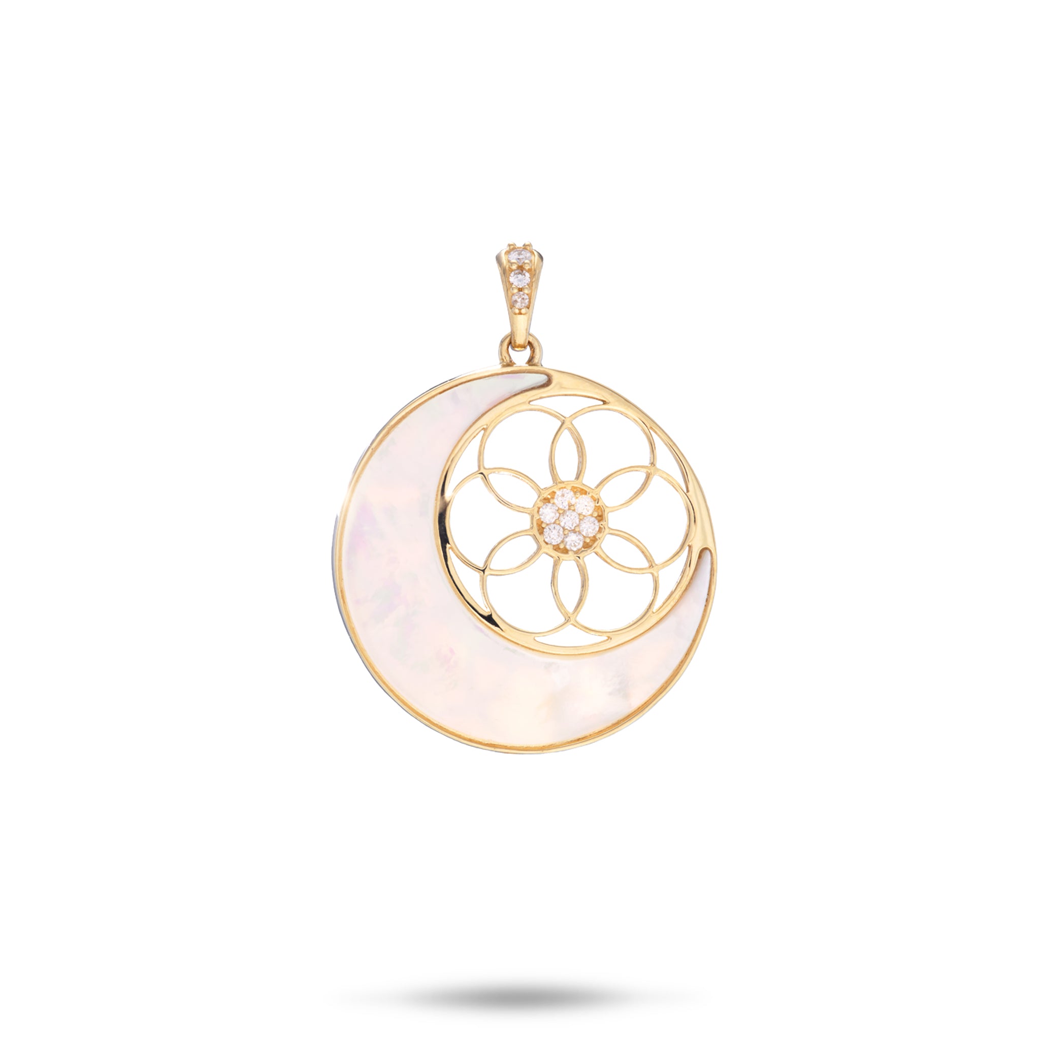 Moon &amp; Protea Star Perlmutt-Anhänger in Gold mit Diamanten – 25 mm