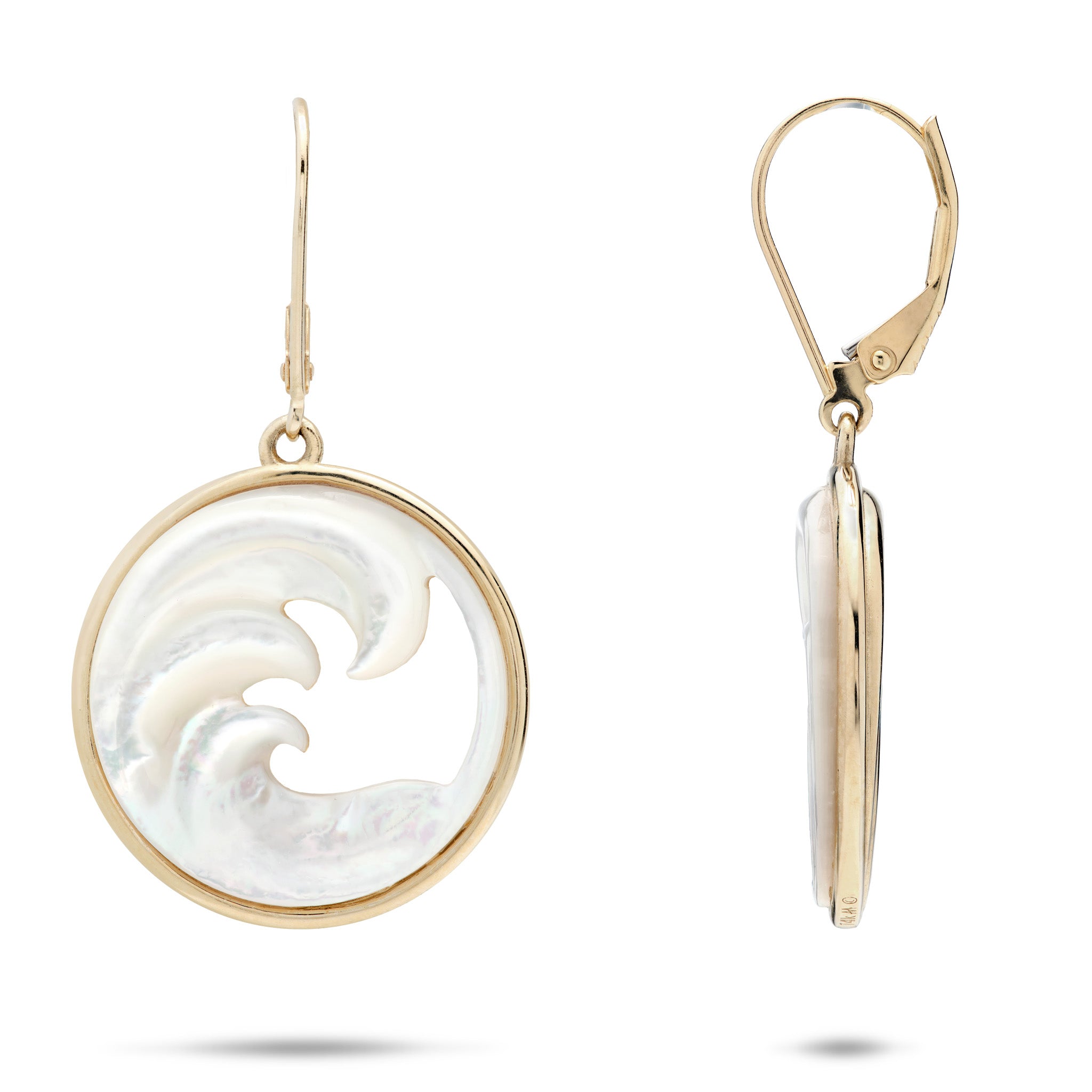 Nalu Mother of Pearl Earrings in 14k Yellow Gold on white background