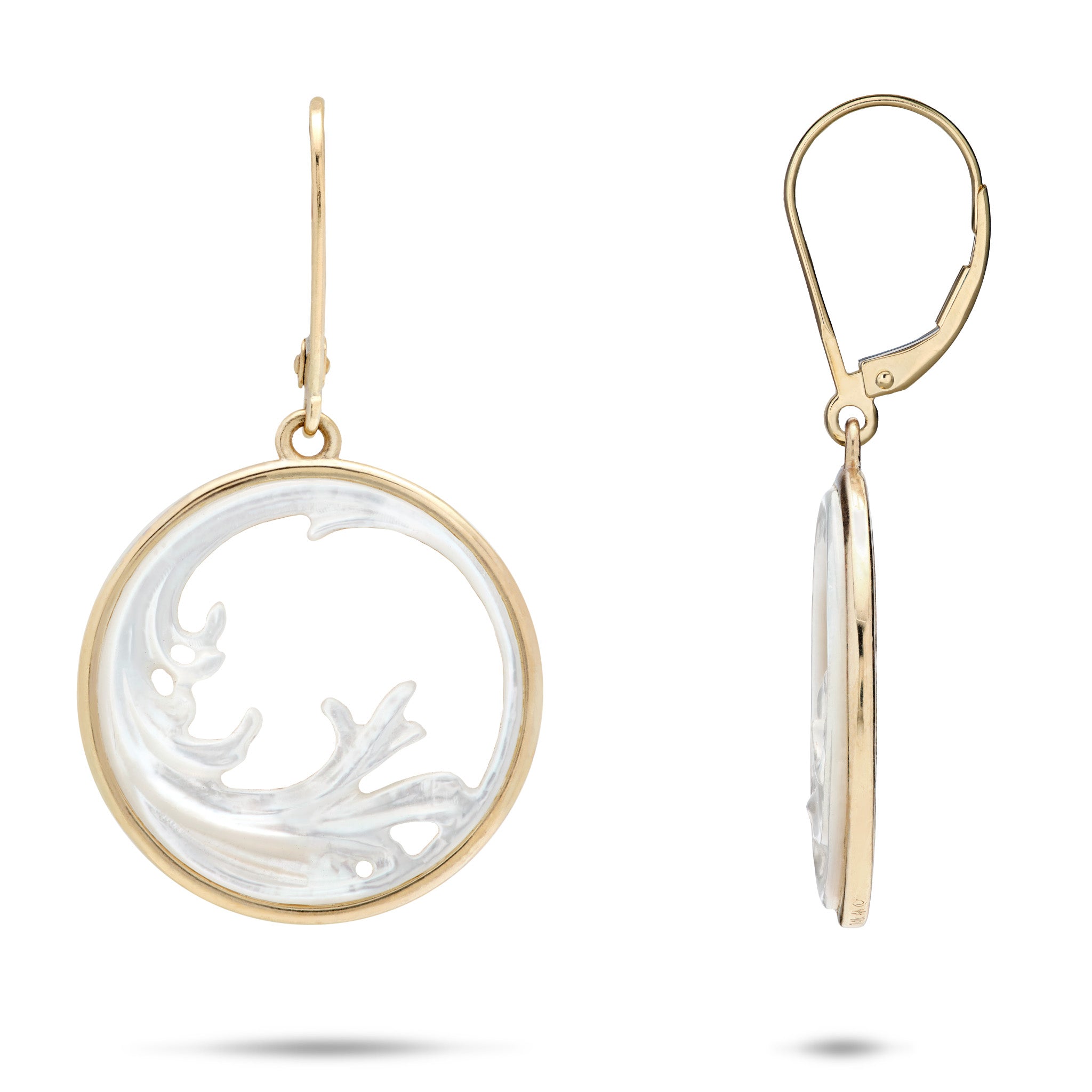 22mm Nalu Splash Mother of Pearl Earrings in 14k Yellow Gold on white background