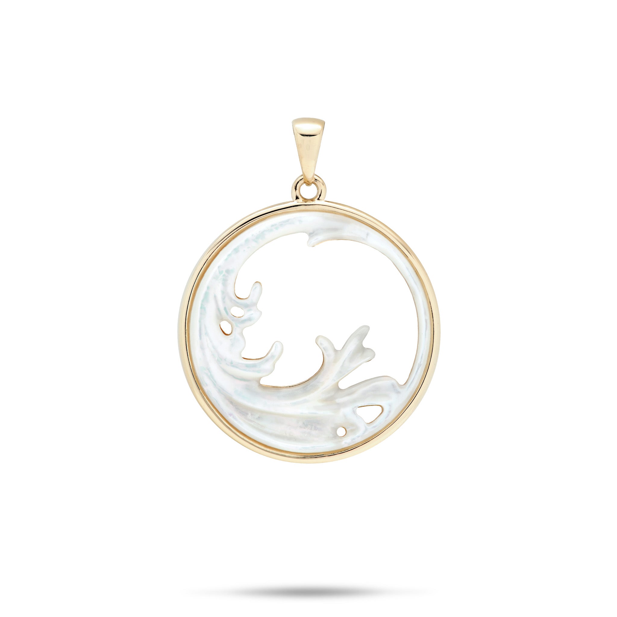 22mm Nalu Splash Mother of Pearl Pendant in 14k Yellow Gold on white background
