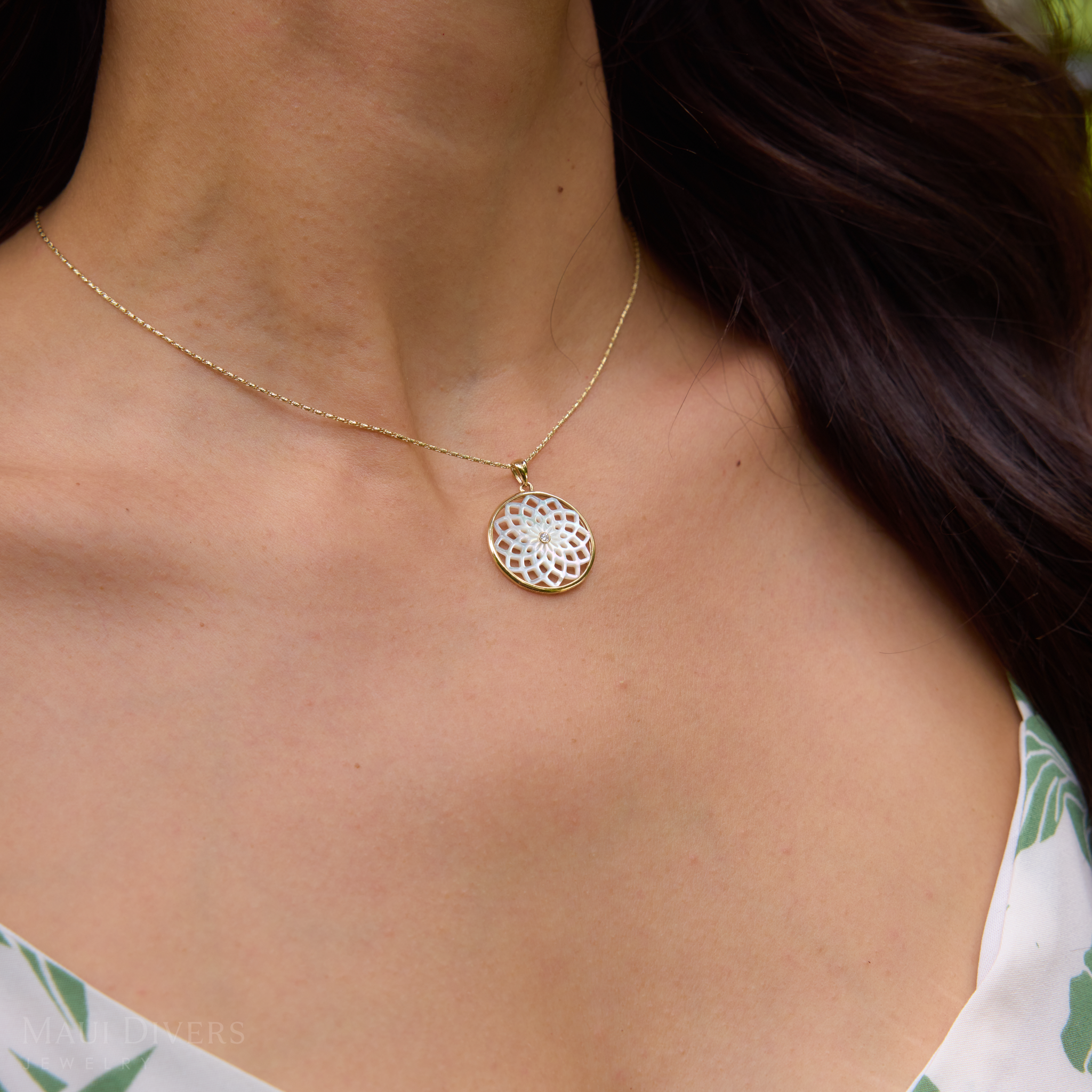 Protea Mother of Pearl Pendant in Gold with Diamond  - 22mm