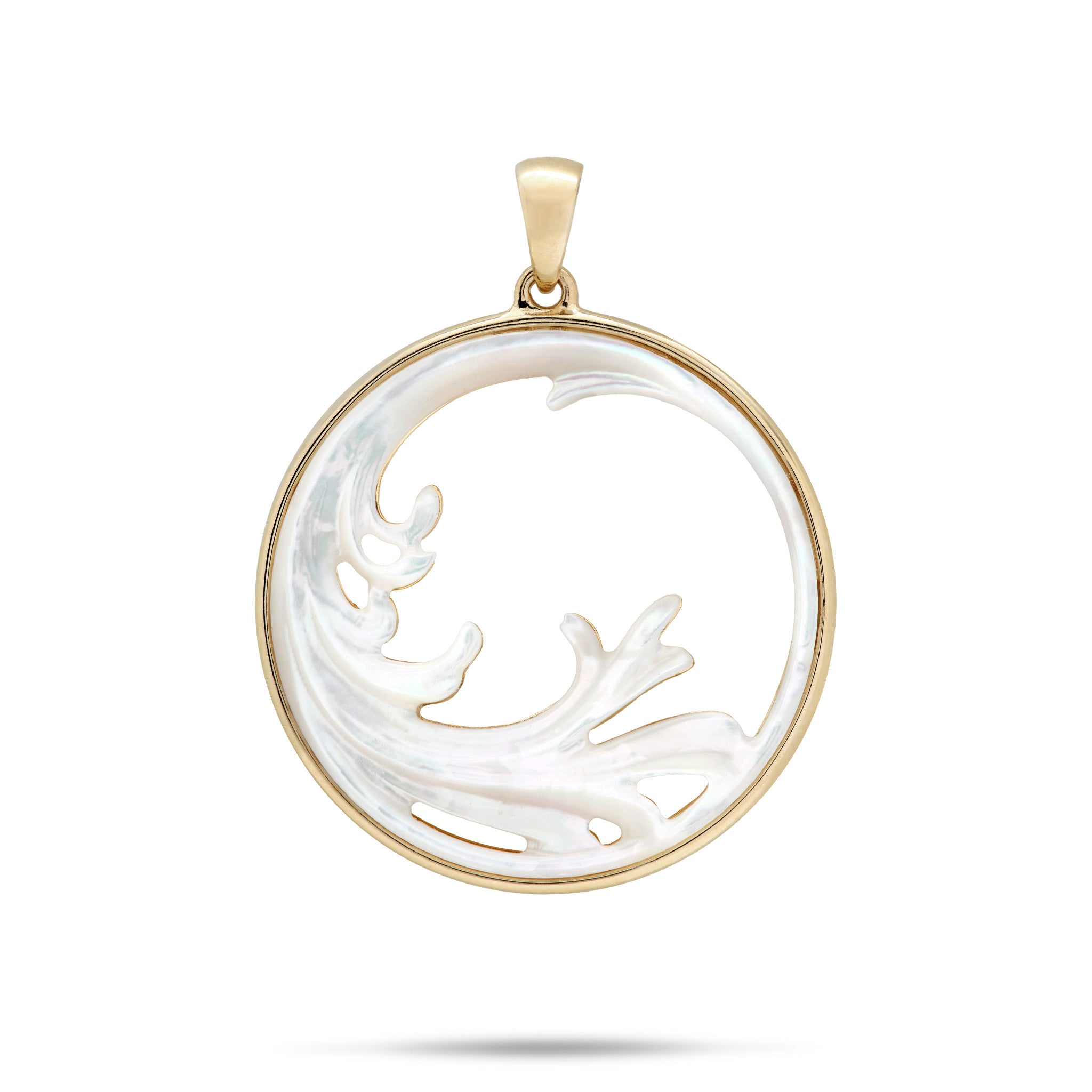 27mm Nalu Splash Mother of Pearl Pendant in 14k Yellow Gold on white background