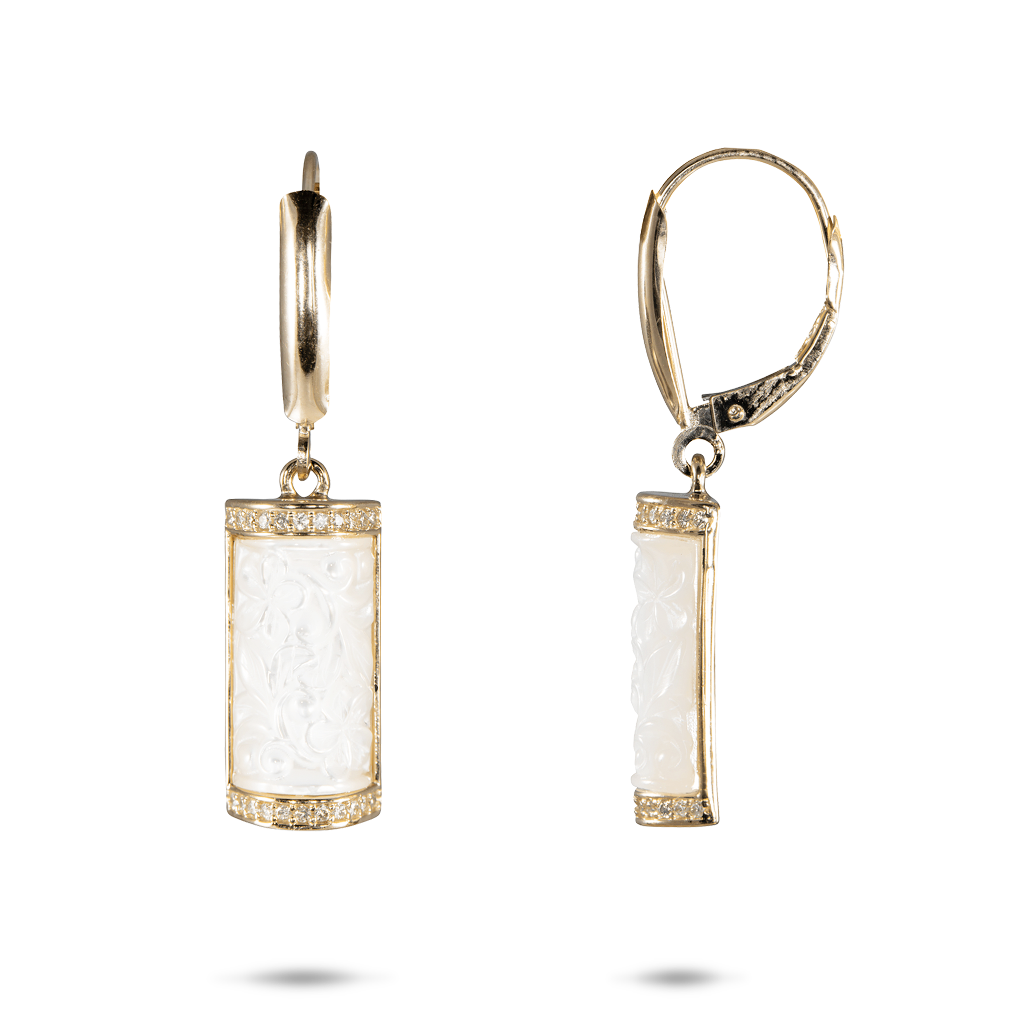Hawaiian Heirloom Plumeria Mother of Pearl Earrings in Gold with Diamonds - 17mm
