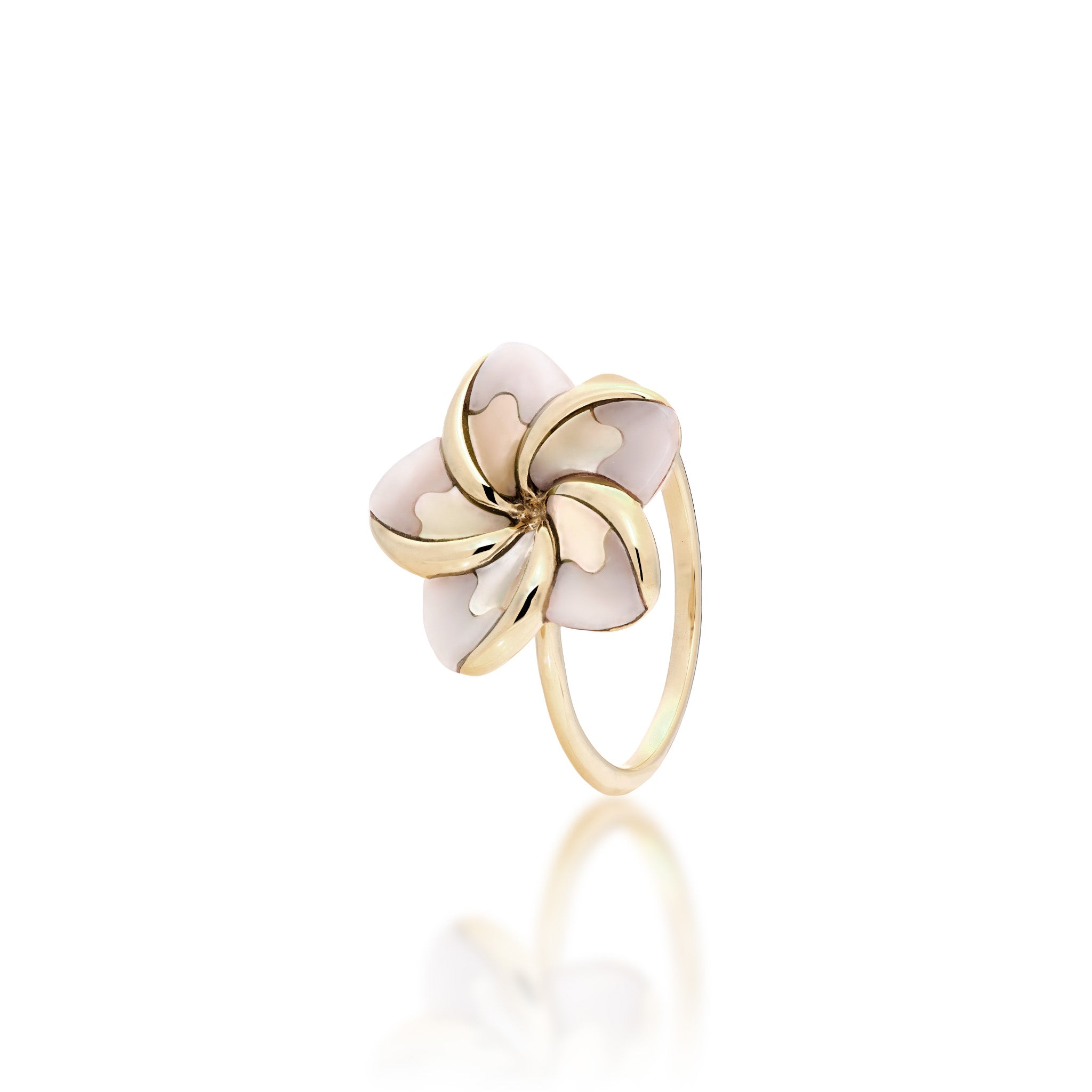 16mm Plumeria Mother of Pearl Ring in 14k Yellow Gold on white background