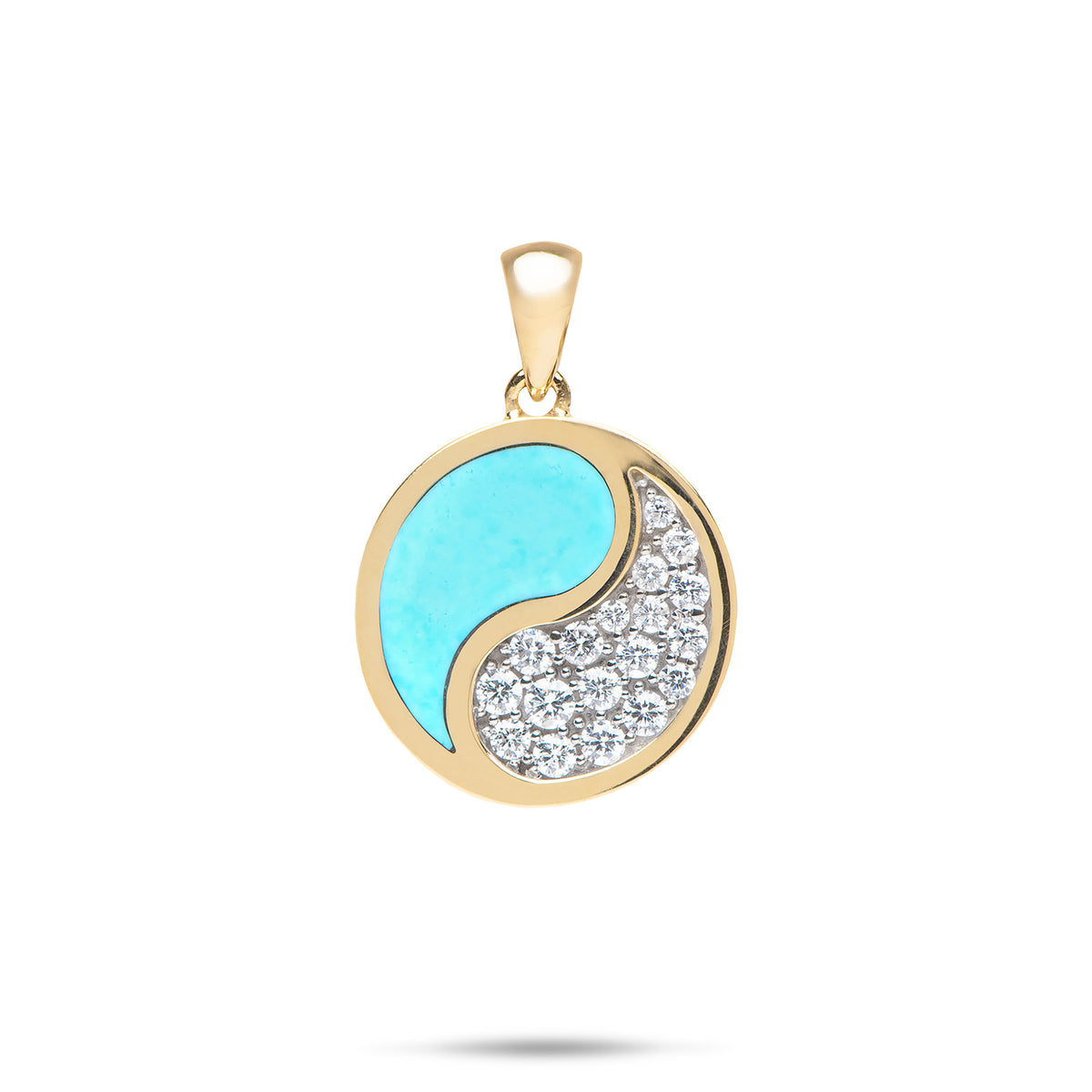 A 14k gold pendant featuring a circular Yin Yang symbol with a turquoise half and a pavé-set diamond half with white gold prongs, shown on a white background