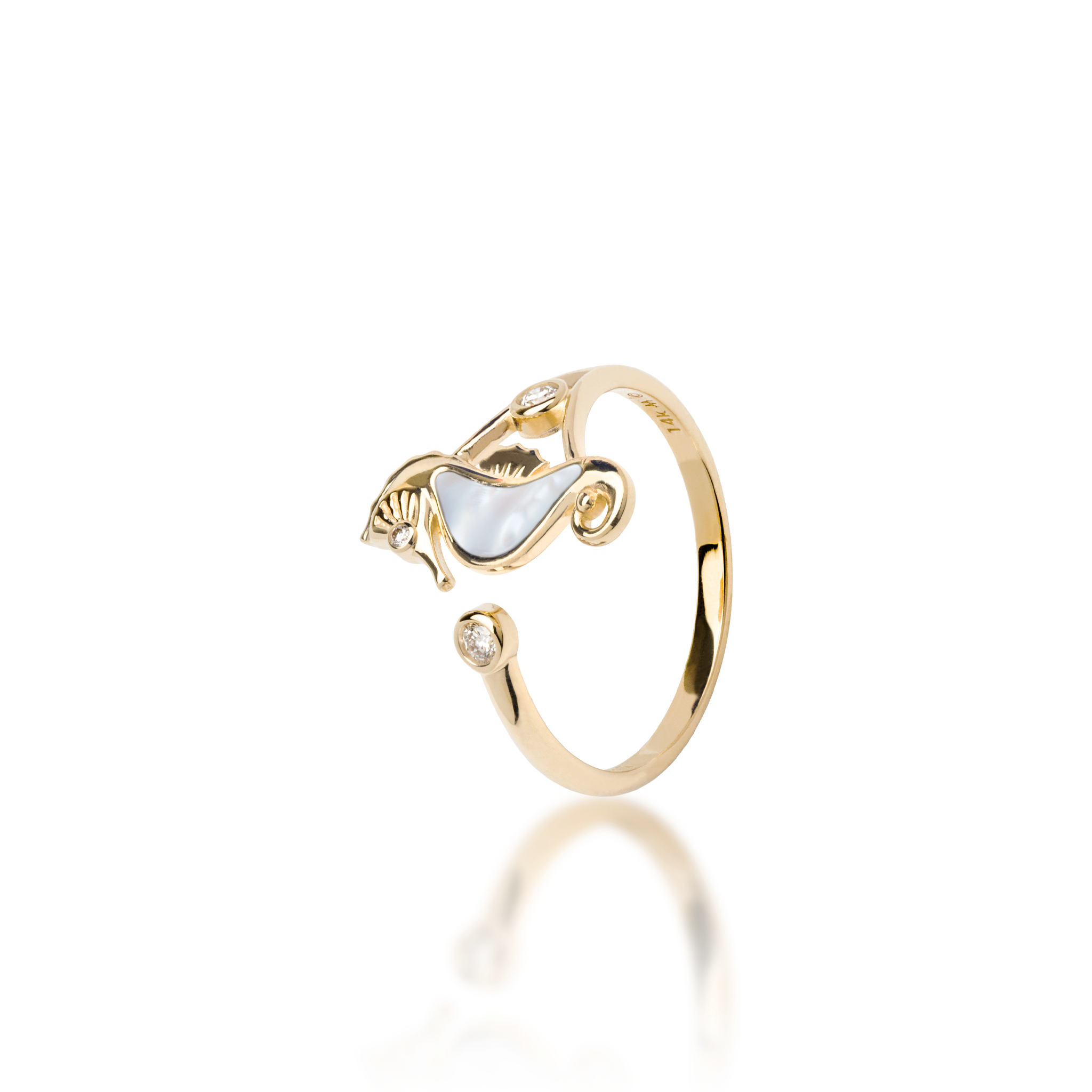 Sealife Seahorse Mother of Pearl Ring in Gold with Diamonds - 15mm