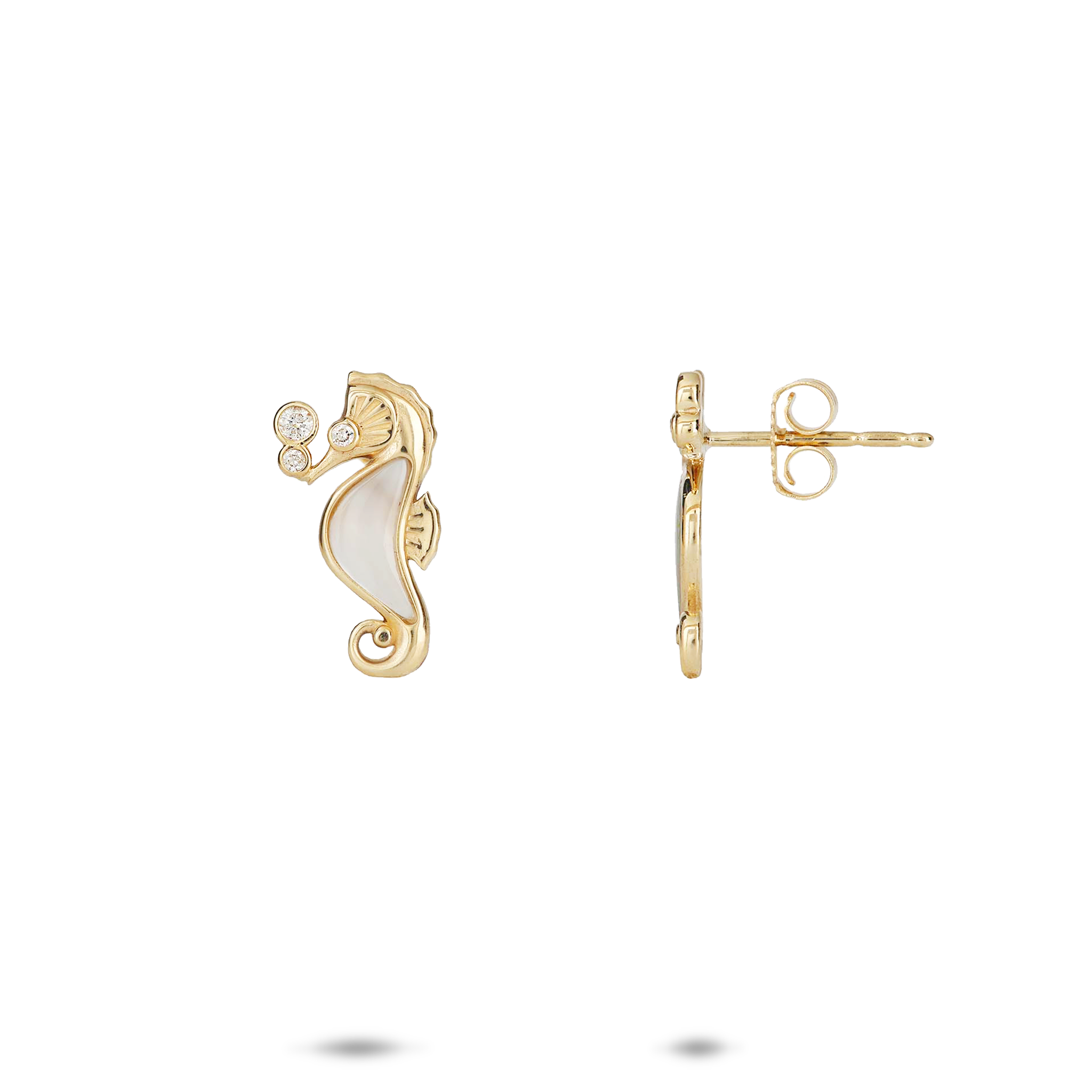 Sealife Seahorse Mother of Pearl Earrings in Gold with Diamonds - 15mm