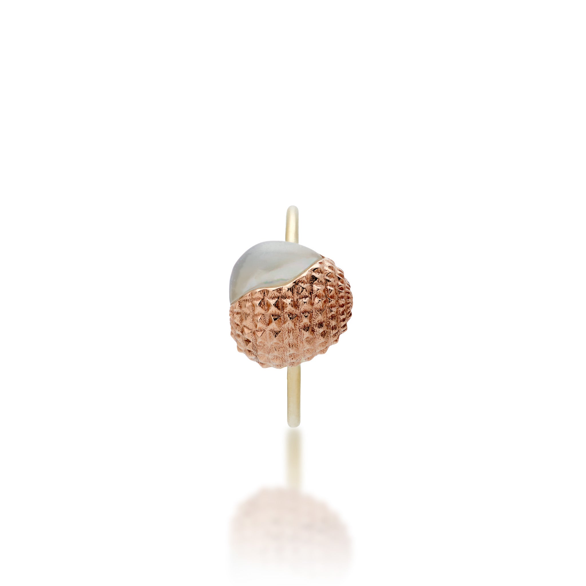 Top View of the 11mm Lychee Ring in 14k Rose and Yellow Gold with White Mother of Pearl Inlay on a White Background