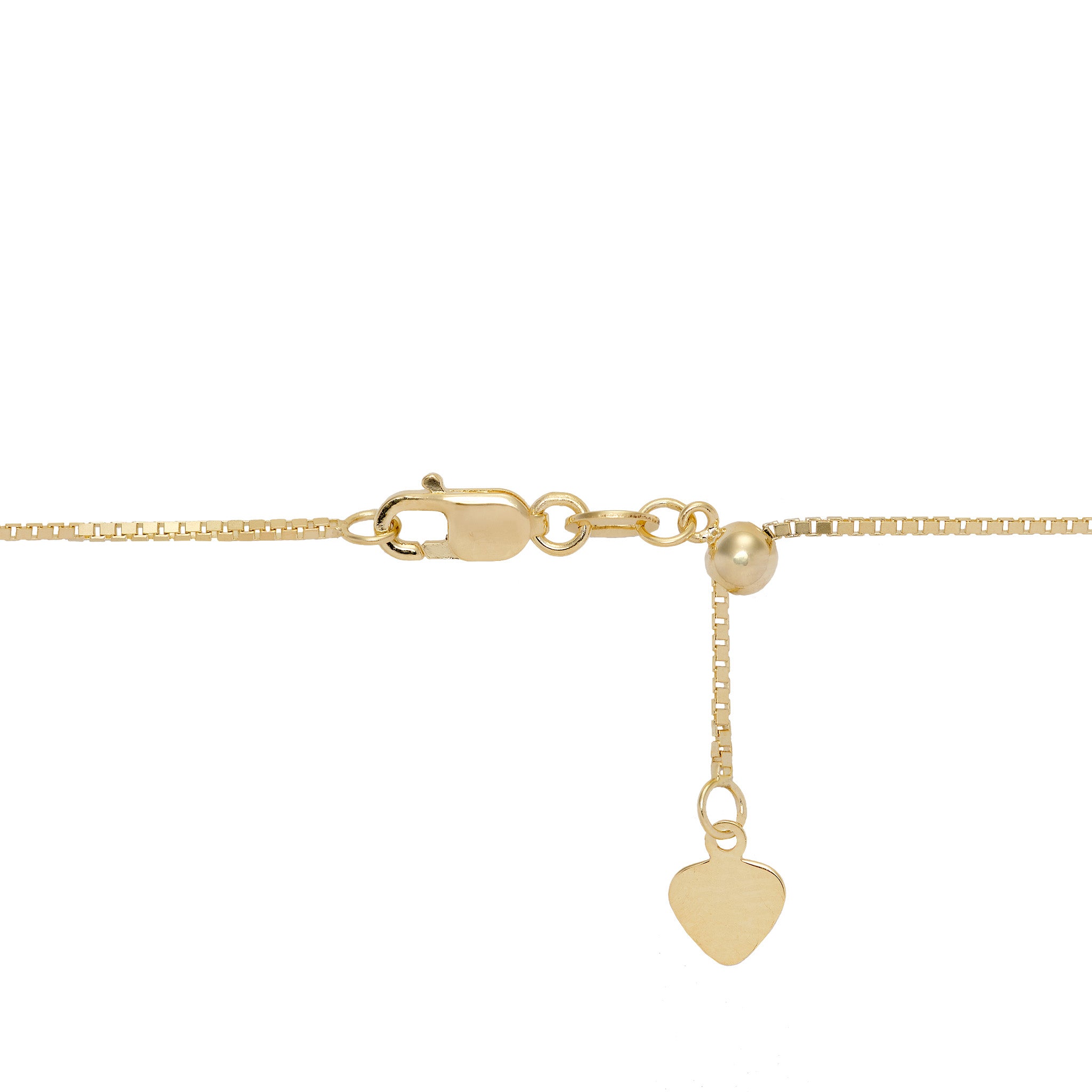 0.85mm Box Chain in 14k Yellow Gold with Lobster Claw Clasp and Adjustable Ball Mechanism on a white background