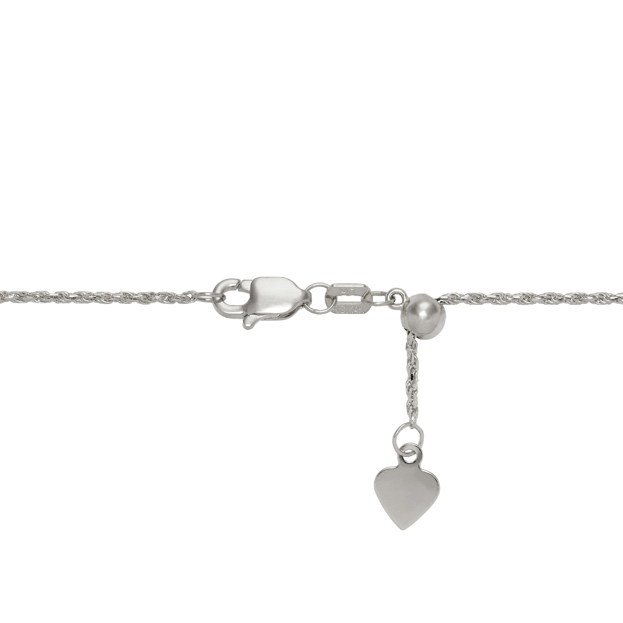 1.0mm Rope Chain in 14k White Gold with Lobster Claw Clasp and Adjustable Ball Mechanism on a white background
