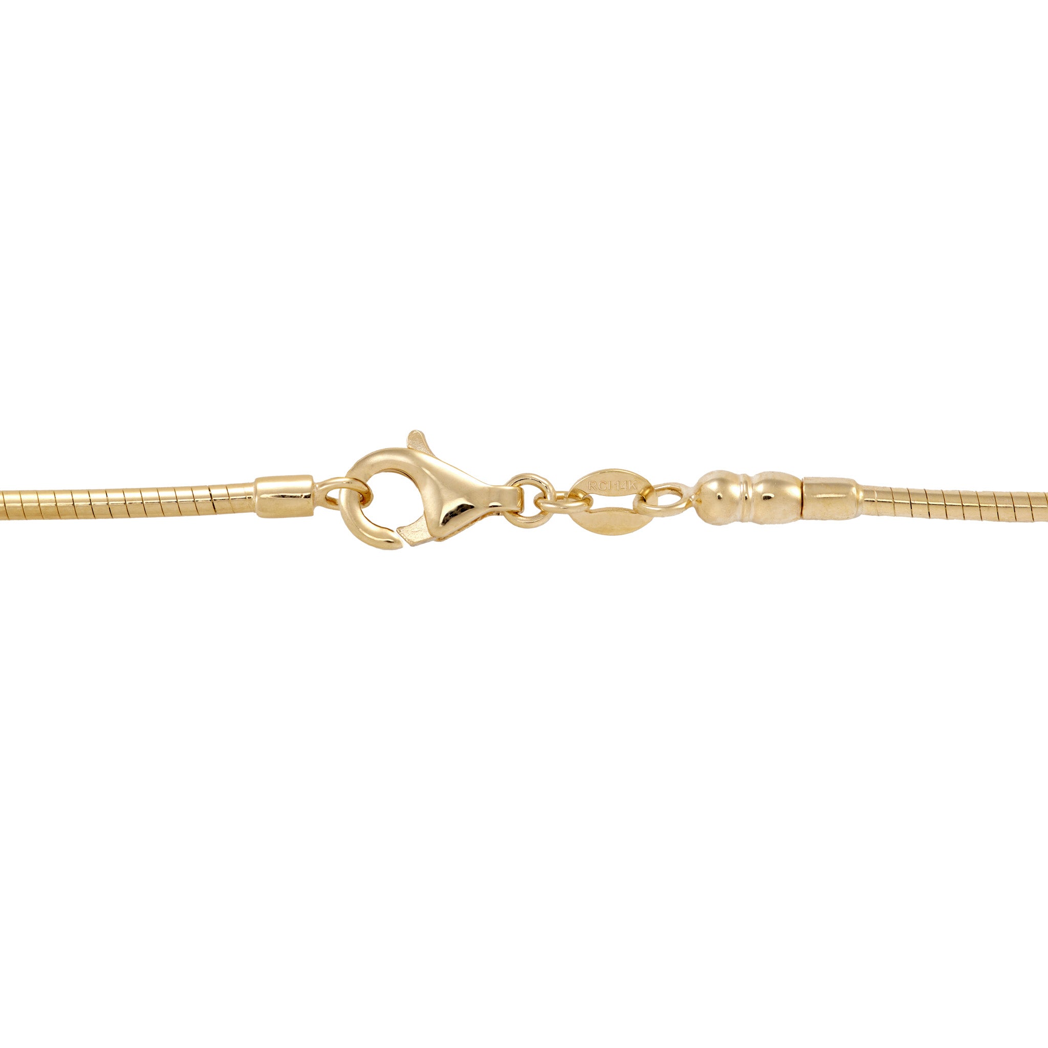 1.5mm Round Omega Chain in 14k Yellow Gold with Lobster Claw Clasp on a white background