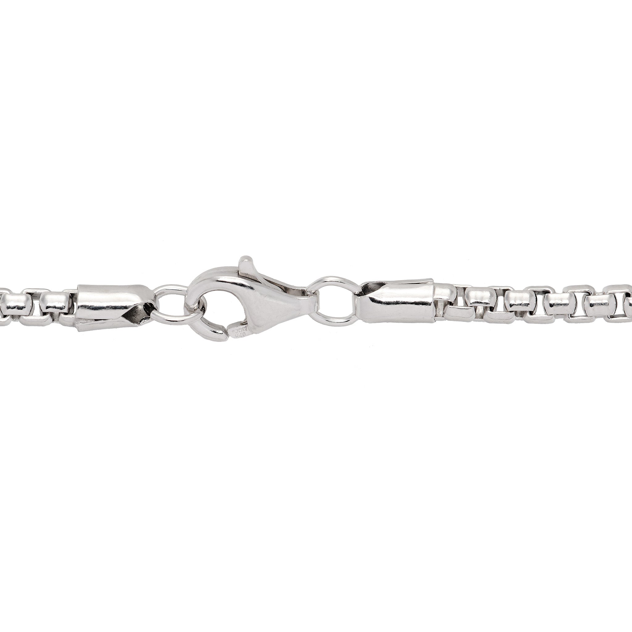 2.5mm Round Box Chain in Sterling Silver with Lobster Claw Clasp on a white background
