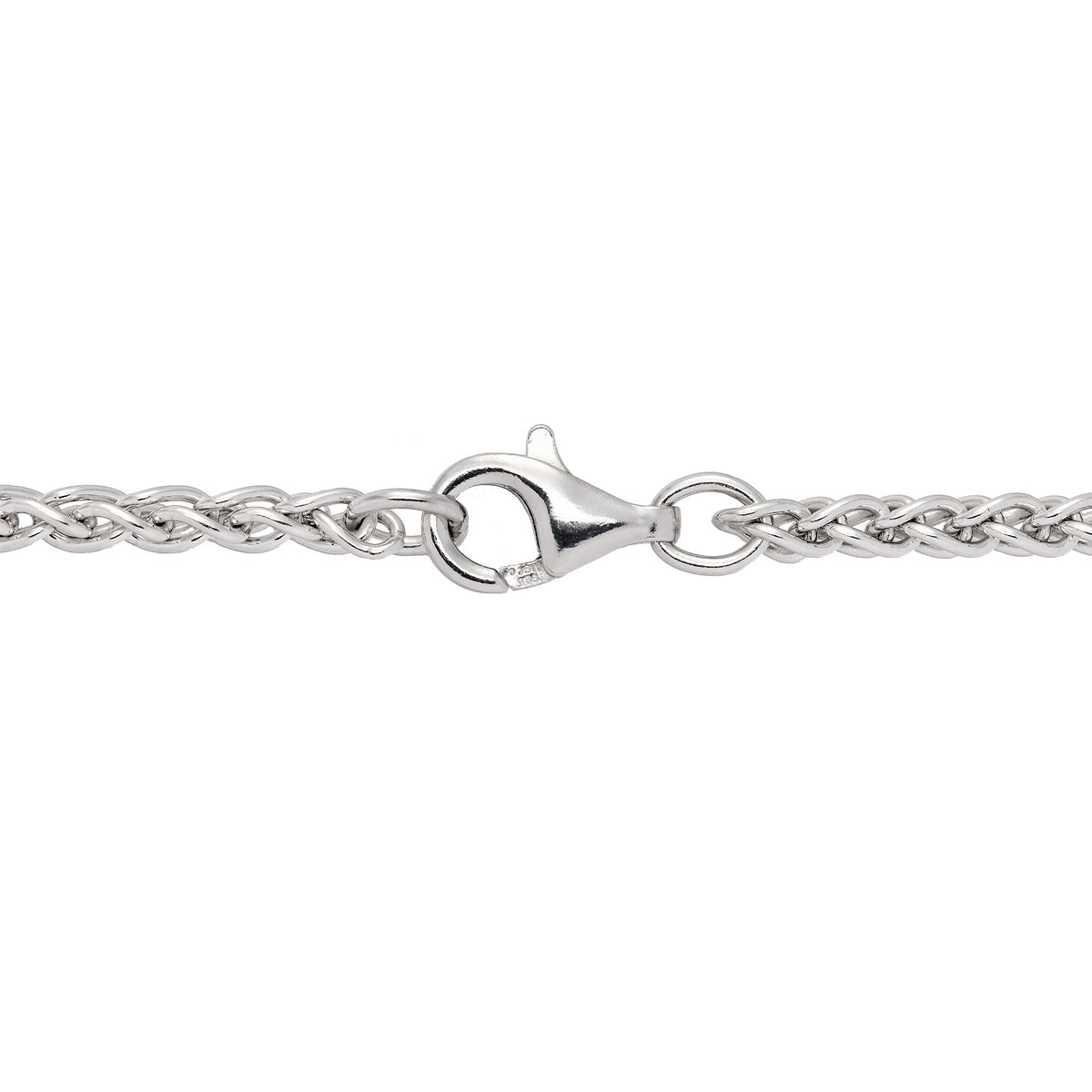 Close up of 3.0mm Espiga Chain in Sterling Silver with Lobster Claw Clasp on a white background