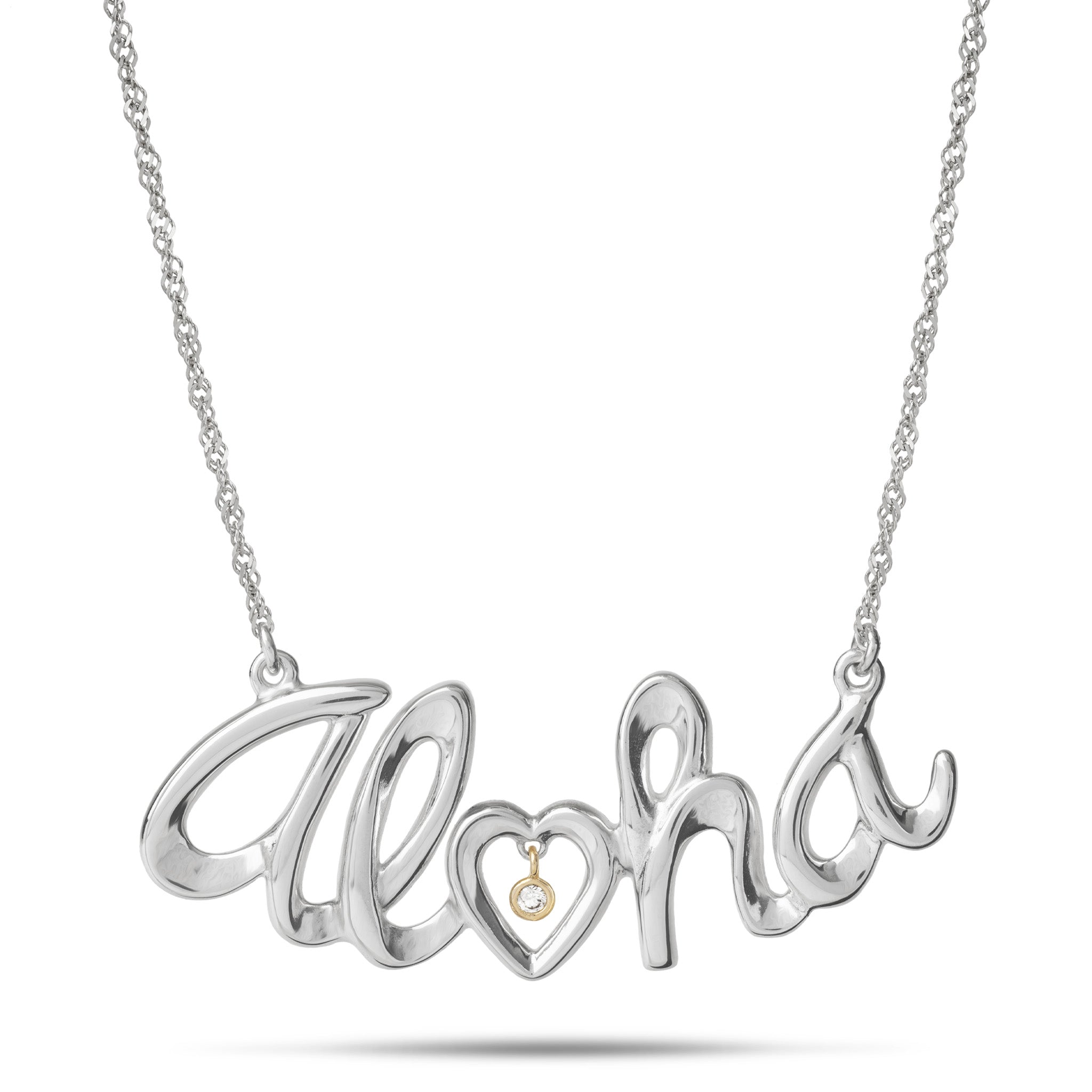 18" Aloha Necklace in Sterling Silver with Diamond on a White Background