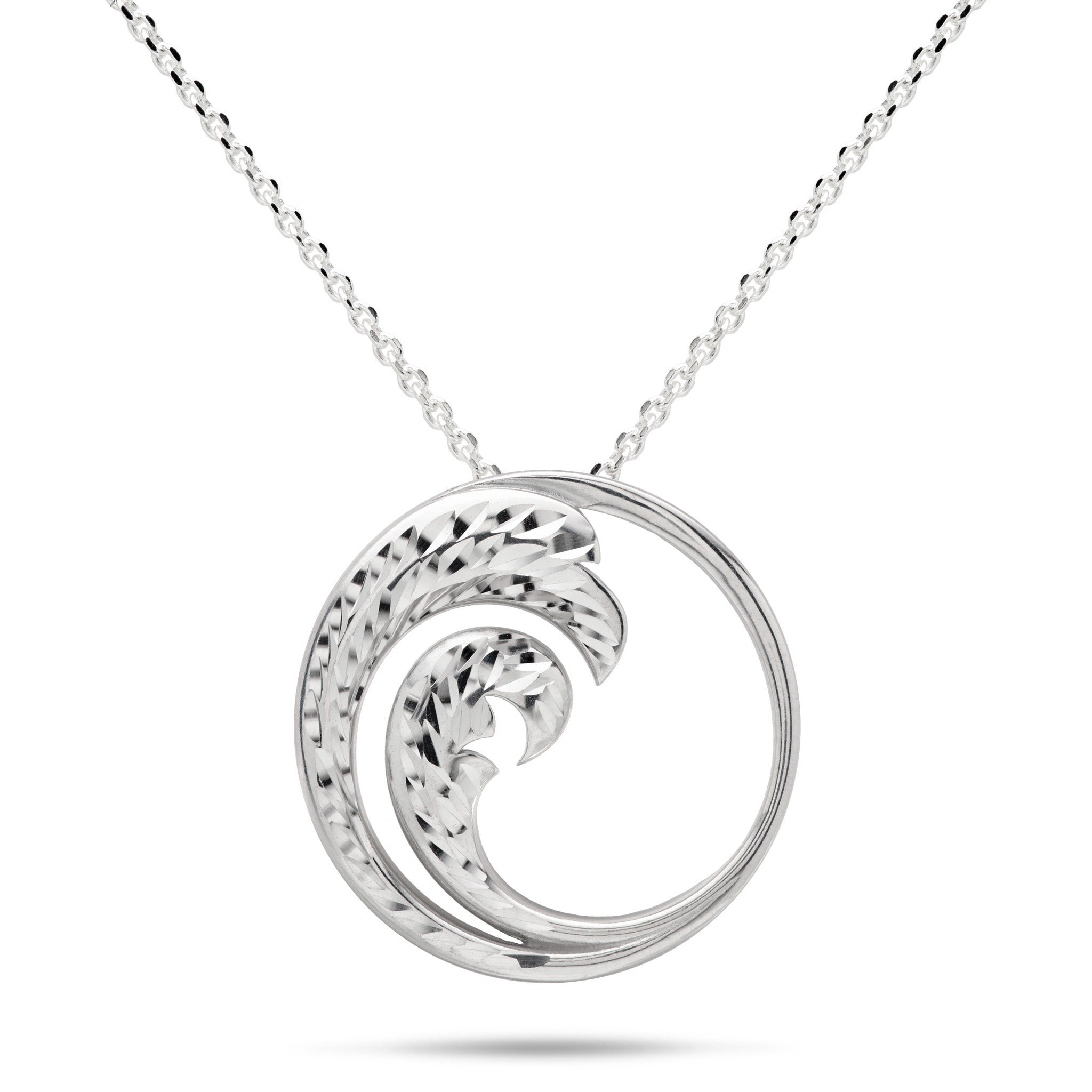 24mm Round Nalu Pendant in Sterling Silver with Diamond-cut wave design on an adjustable cable chain against a white background
