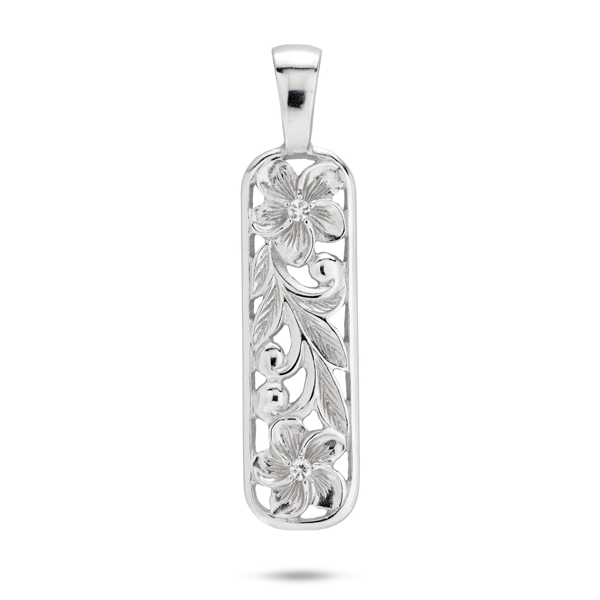 32mm Hawaiian Heirloom Plumeria Pendant in Sterling Silver with White Sapphire on a white background