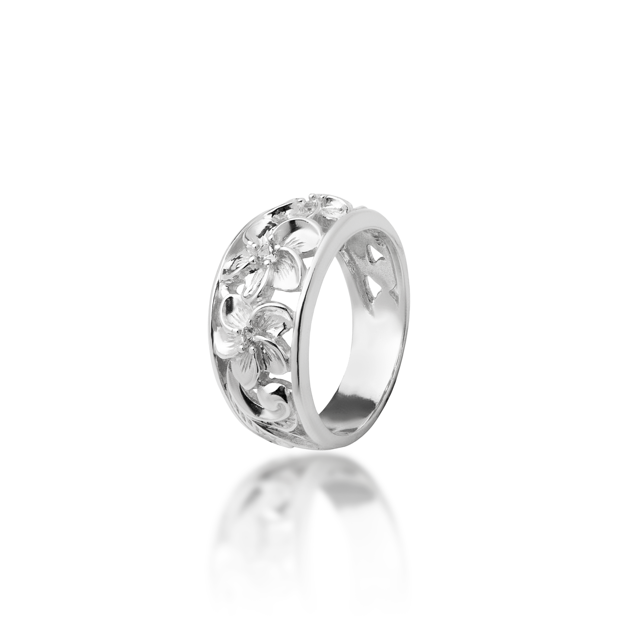 Hawaiian Heirloom Plumeria White Sapphire Ring in Sterling Silver - 11mm