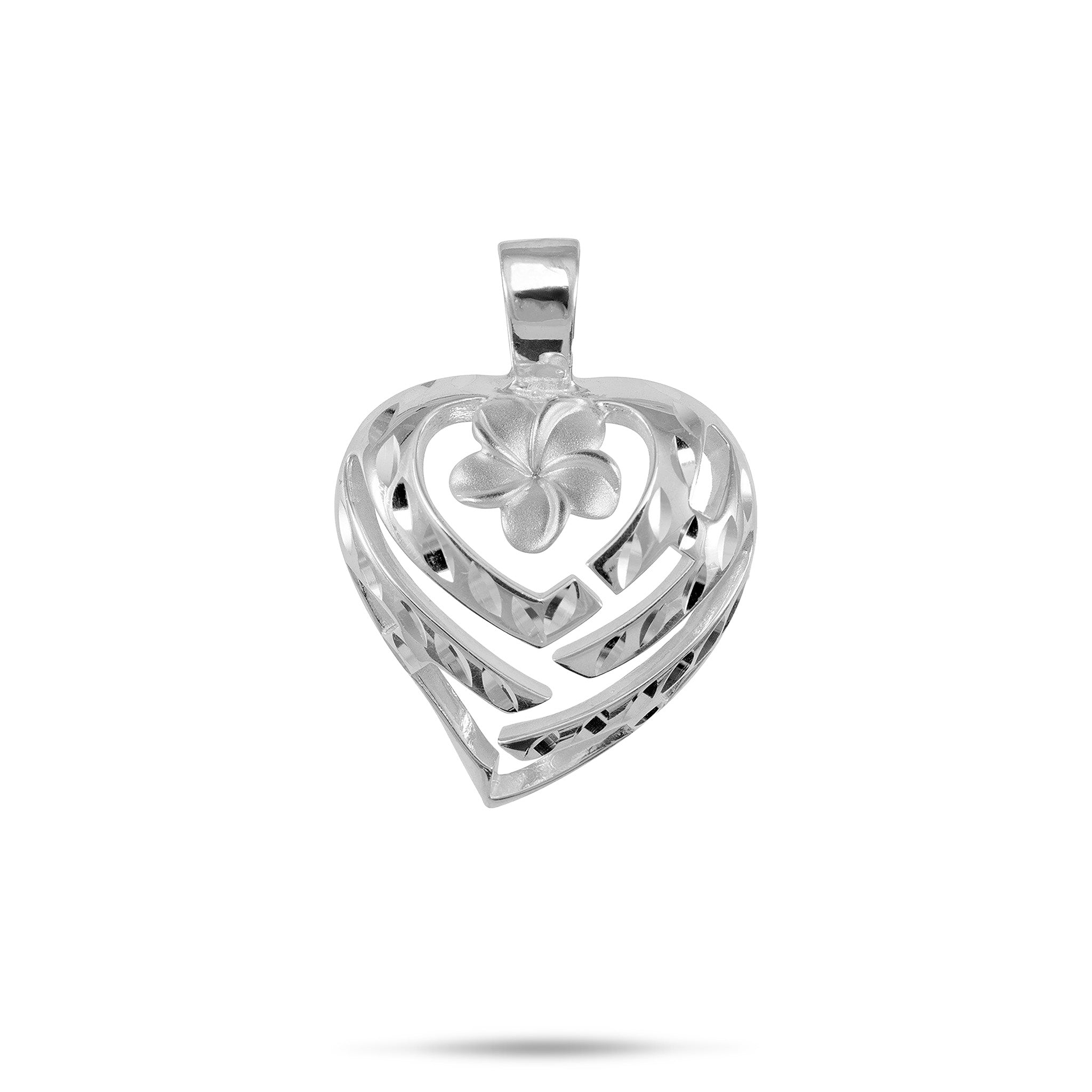 Aloha Heart Plumeria Pendant in Sterling Silver - 21mm