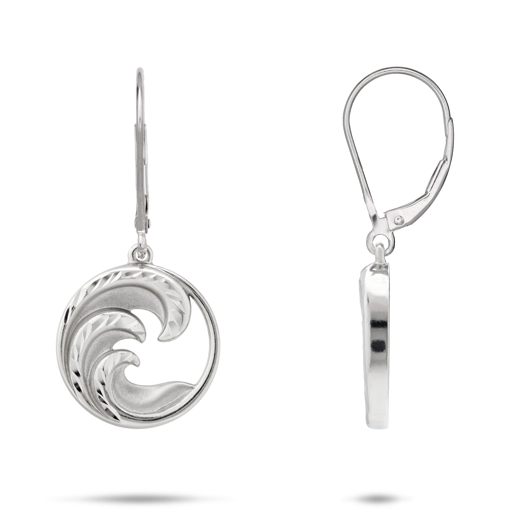 35mm circular Nalu leverback Earrings in Sterling Silver on a white background