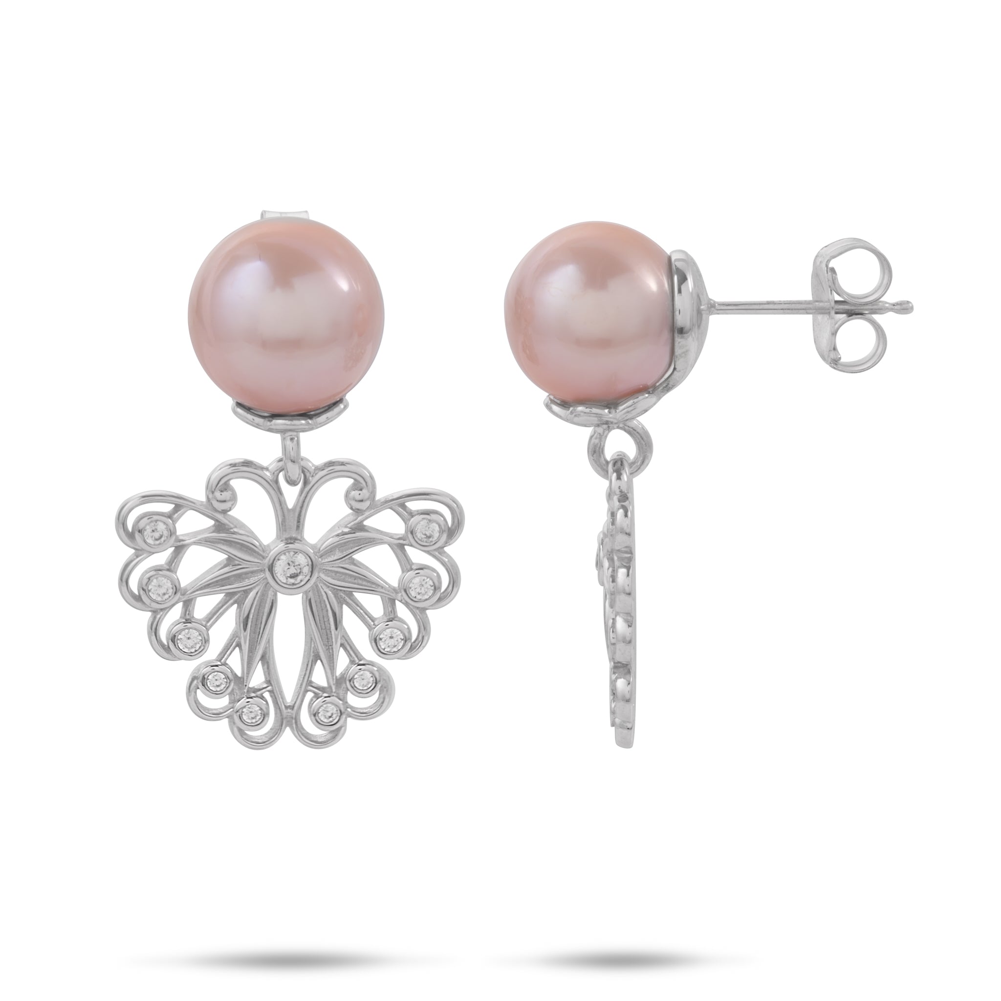 Pulelehua (Butterfly) Earrings in Sterling Silver with Cubic Zirconia & 9-10mm Freshwater Pearls on a white background