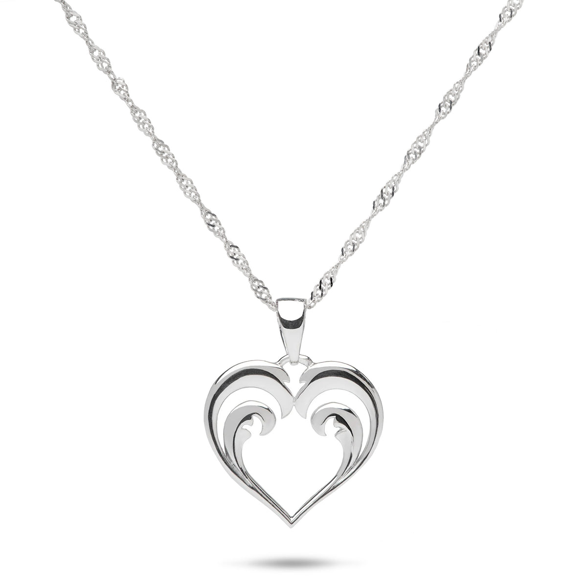 Nalu (Wave) Heart-shape Pendant in Sterling Silver with a high-polish finish on a 0.6mm Siongapore Chain on a white background