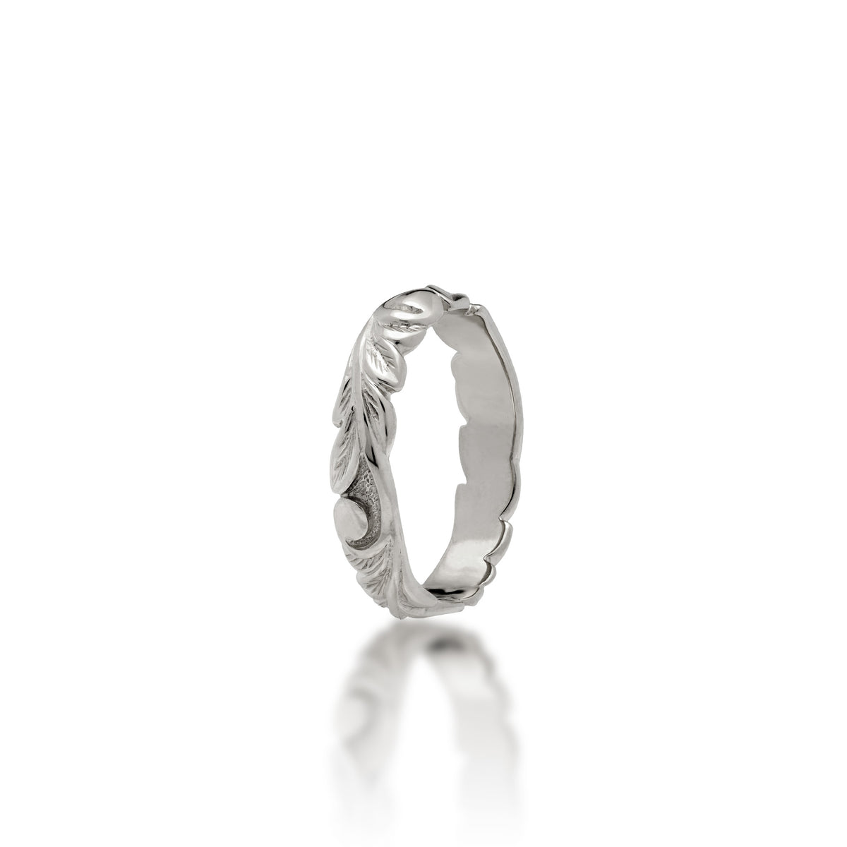4.5mm Hawaiian Heirloom Ring in 14k White Gold with maile leaf and fern scrollwork, shown on a white background