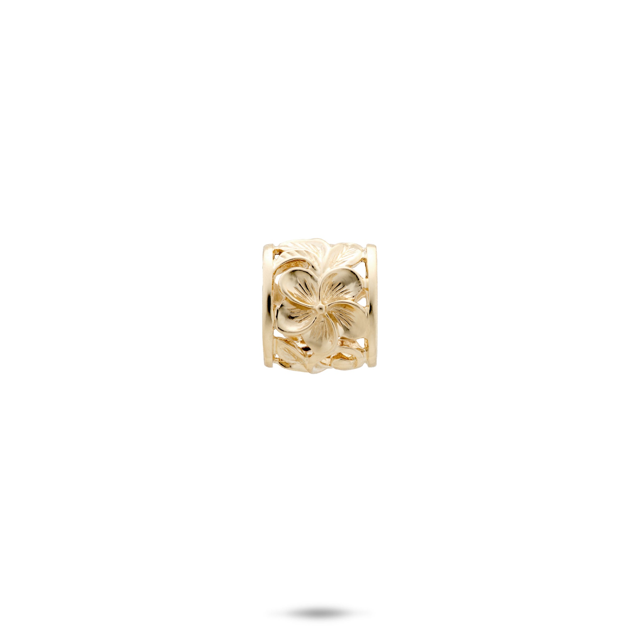 11mm Hawaiian Heirloom Plumeria Barrel Pendant in 14k Yellow Gold on a white background