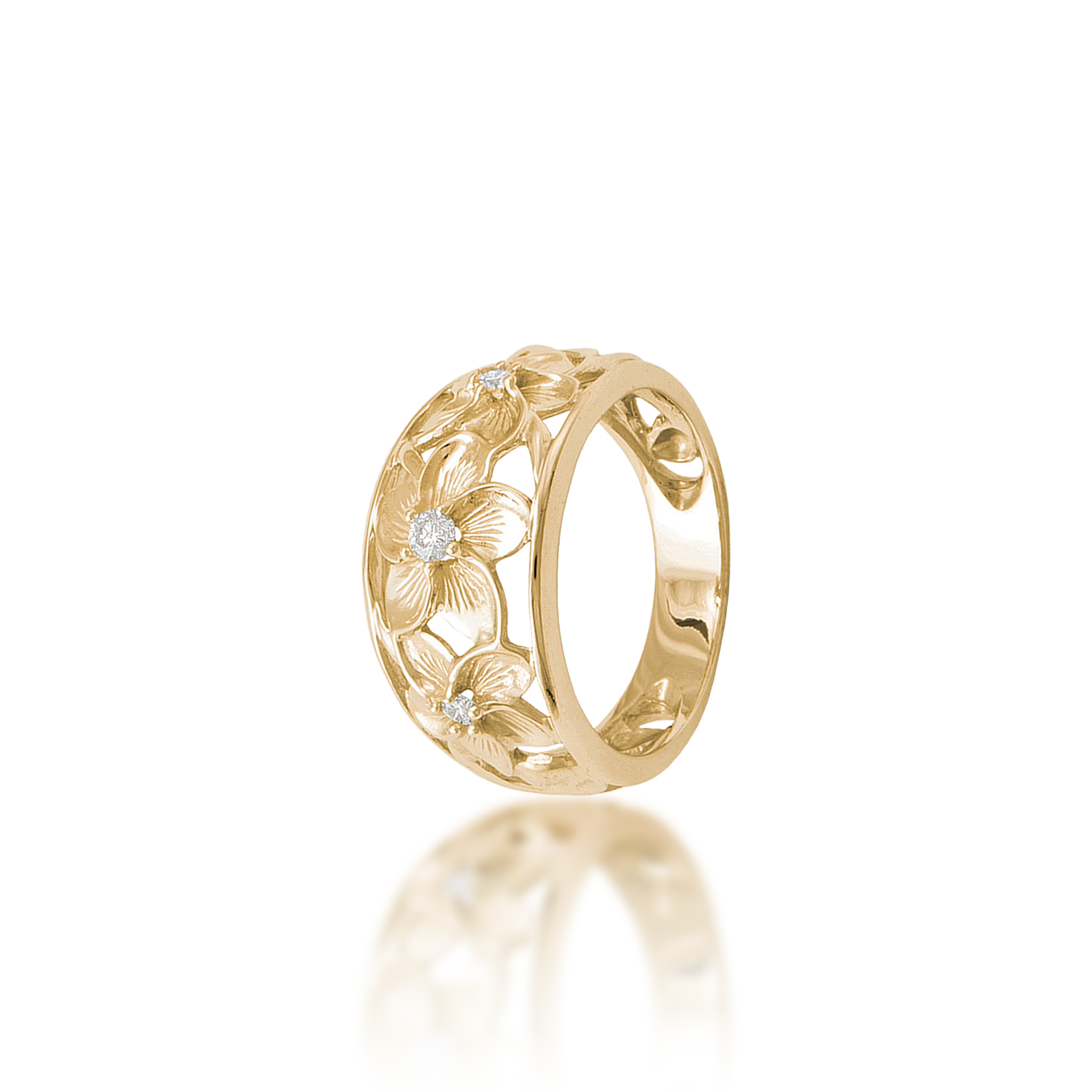 Hawaiian Heirloom Plumeria Ring in Gold with Diamonds - 11mm