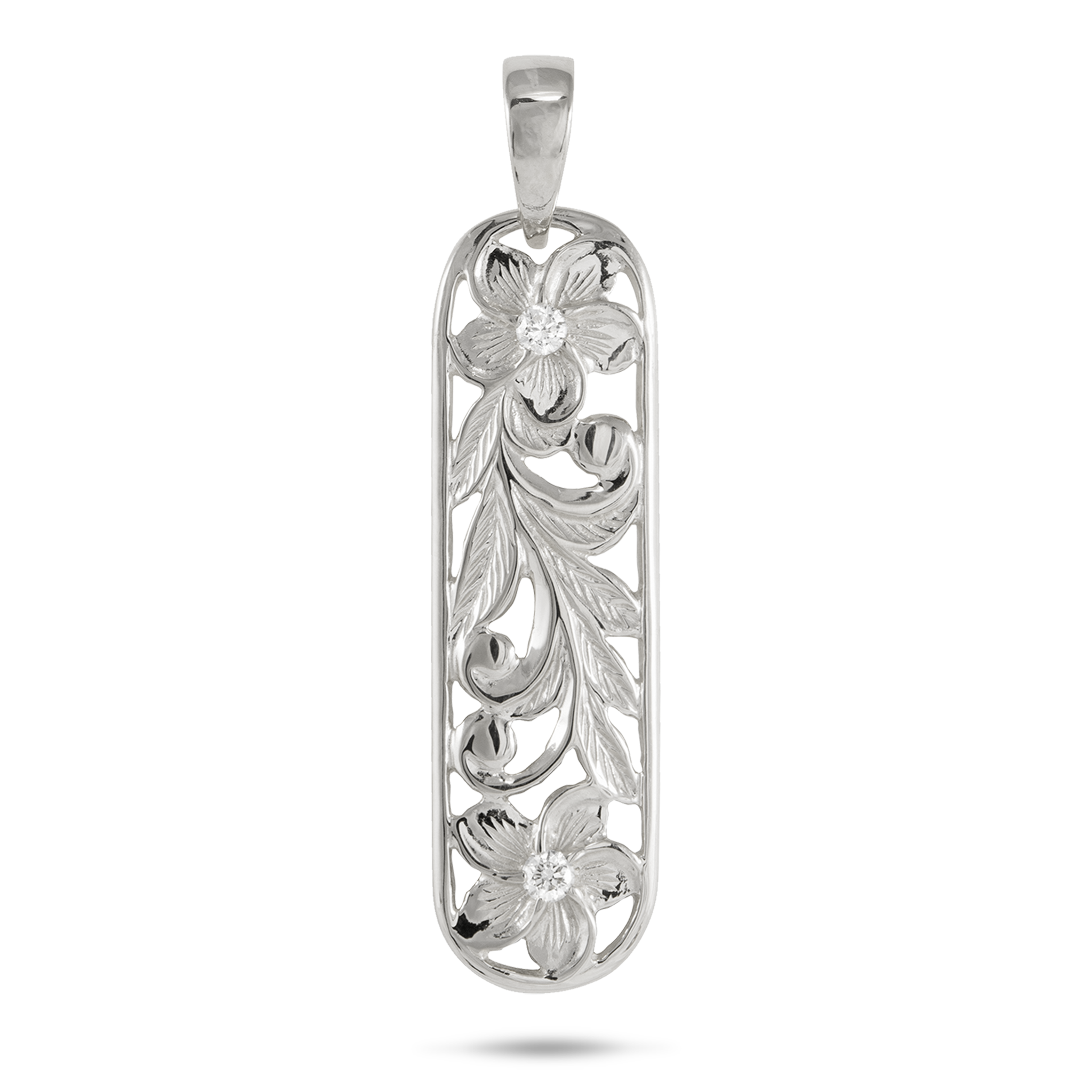 Hawaiian Heirloom Plumeria Pendant in White Gold with Diamonds - 38mm