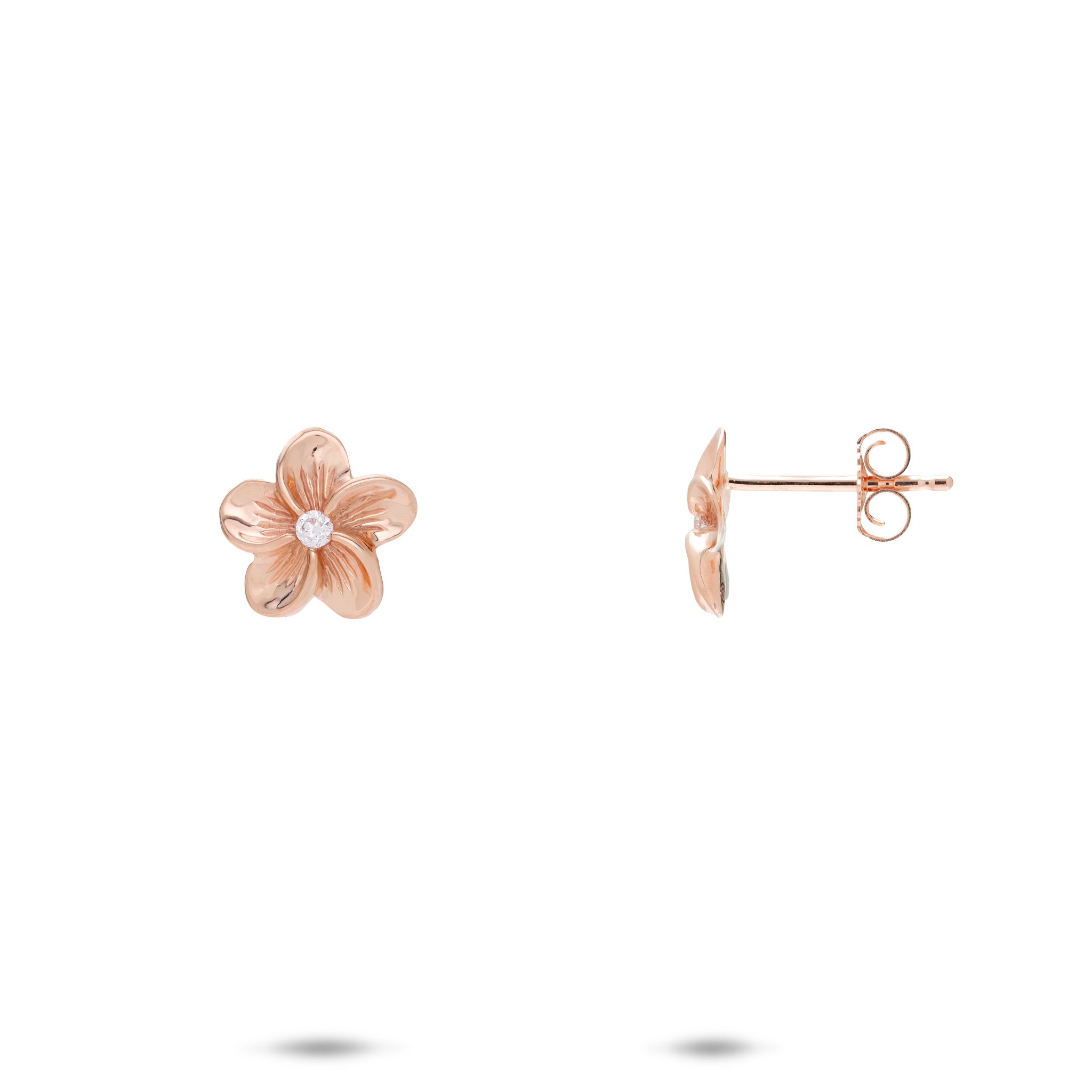 Hawaiian Heirloom Plumeria Earrings in Rose Gold with Diamonds - 9mm