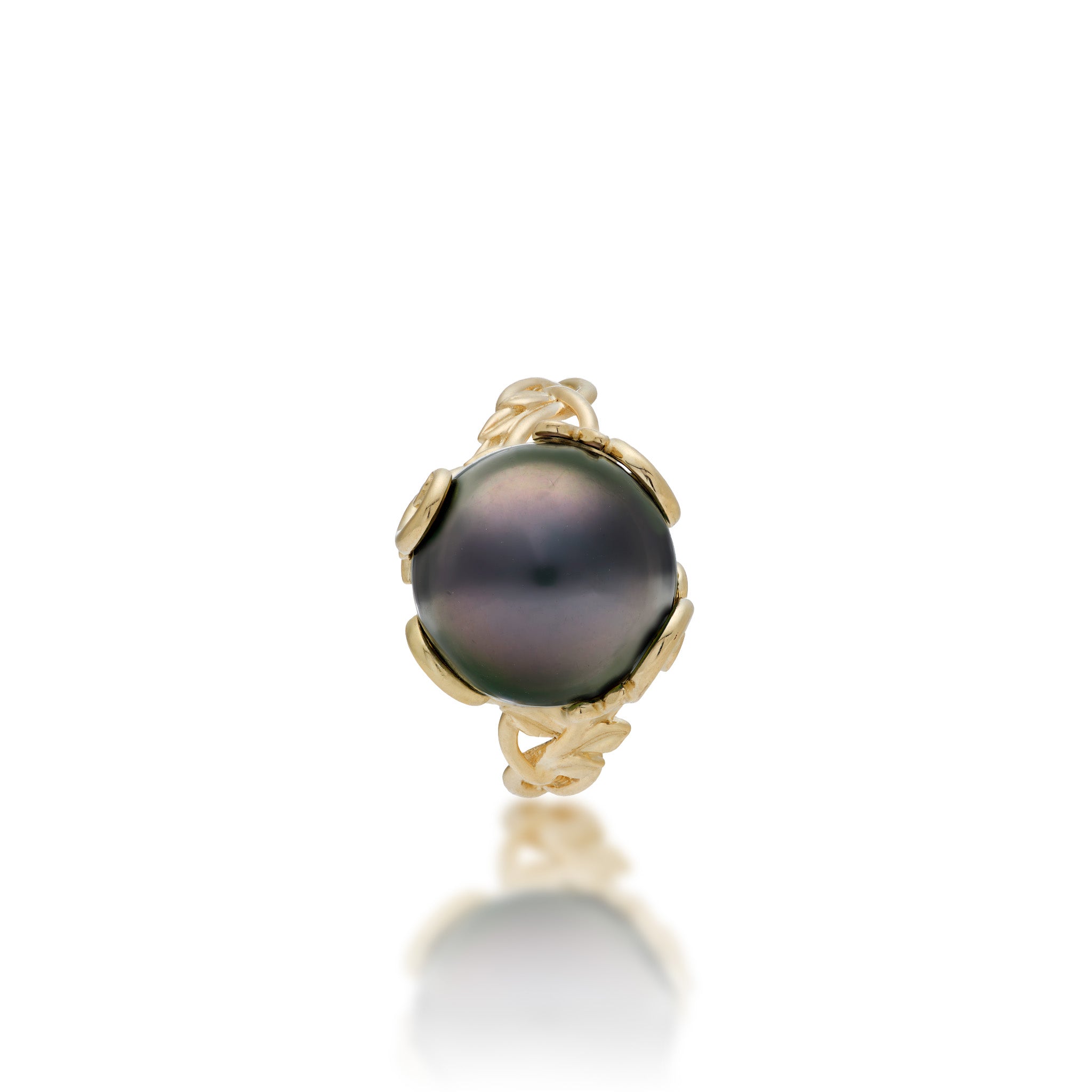 Top view of a 12-13mm Tahitian Black Pearl Ring in 14k Yellow Gold with Diamond Living Heirloom Scrollwork on a white background