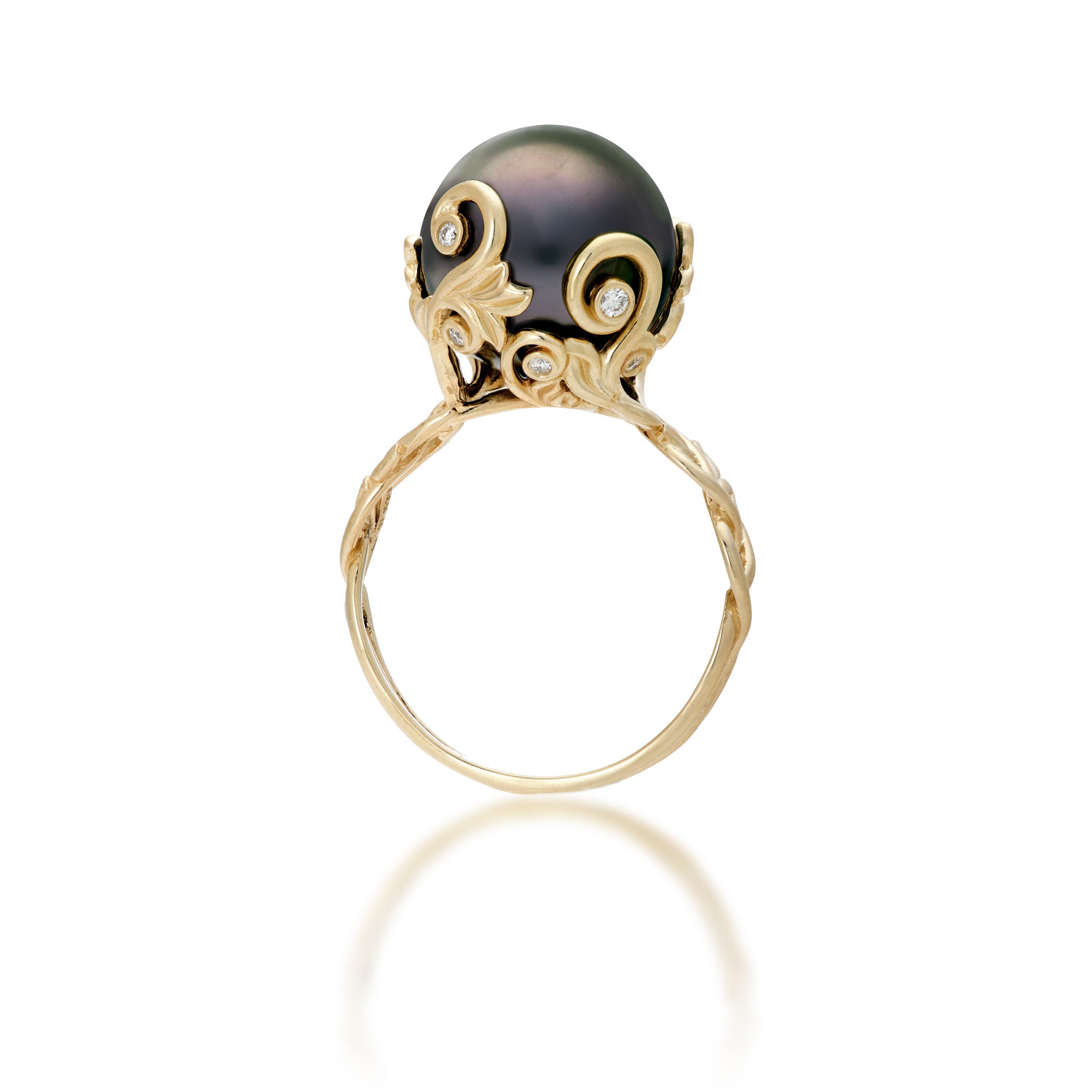 Side view of a 12-13mm Tahitian Black Pearl Ring in 14k Yellow Gold with Diamond Living Heirloom Scrollwork on a white background