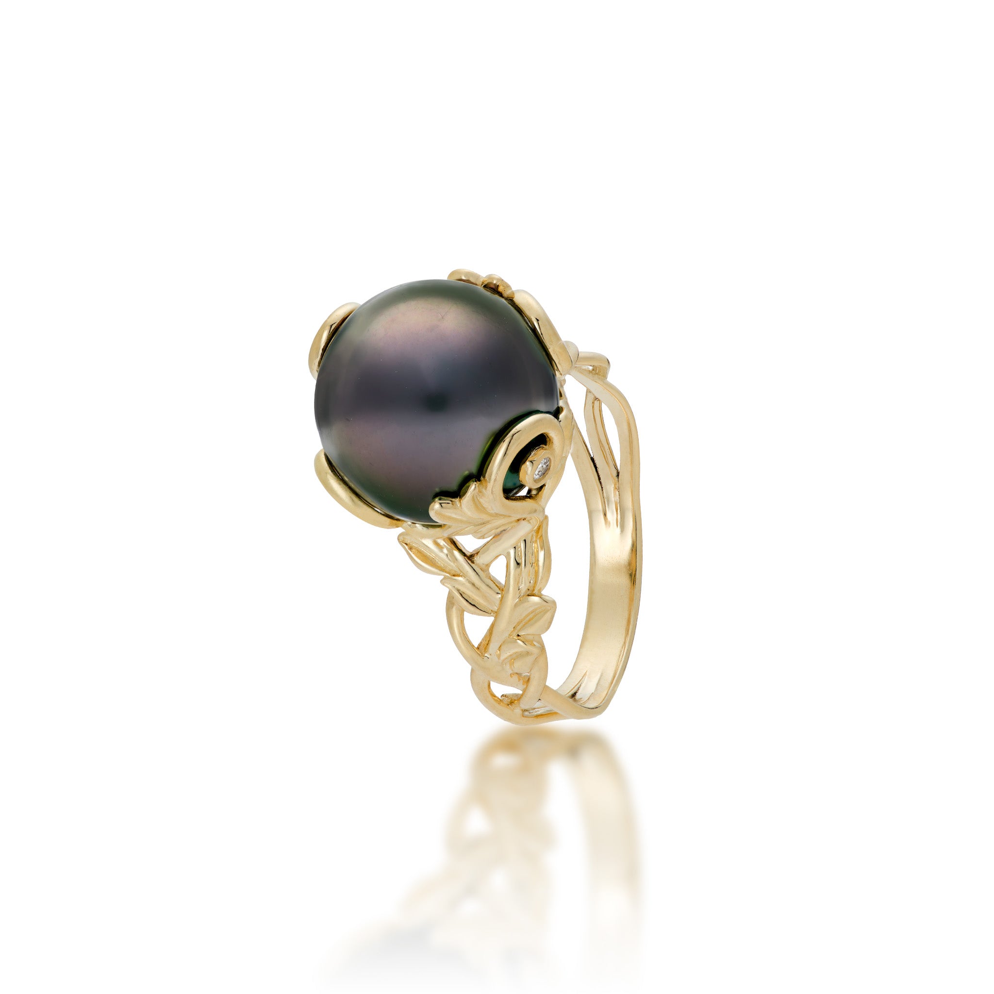 Angle view of a 12-13mm Tahitian Black Pearl Ring in 14k Yellow Gold with Diamond Living Heirloom Scrollwork on a white background