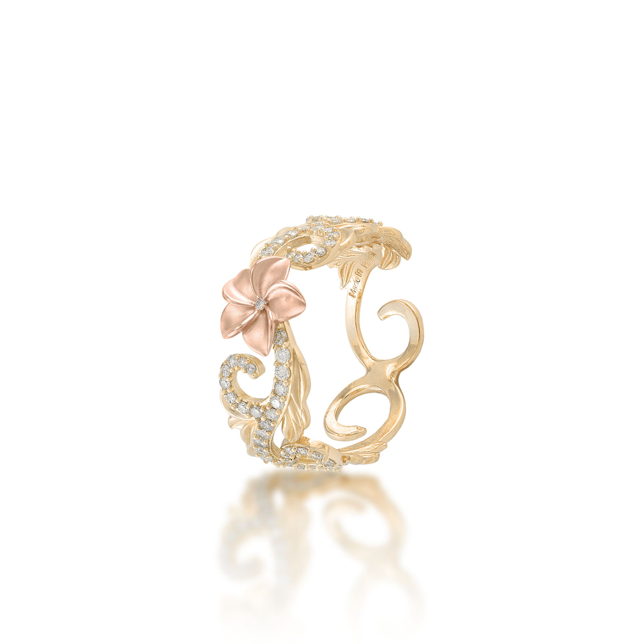 Hawaiian Heirloom Plumeria Ring in Two Tone Gold with Diamonds - 8mm