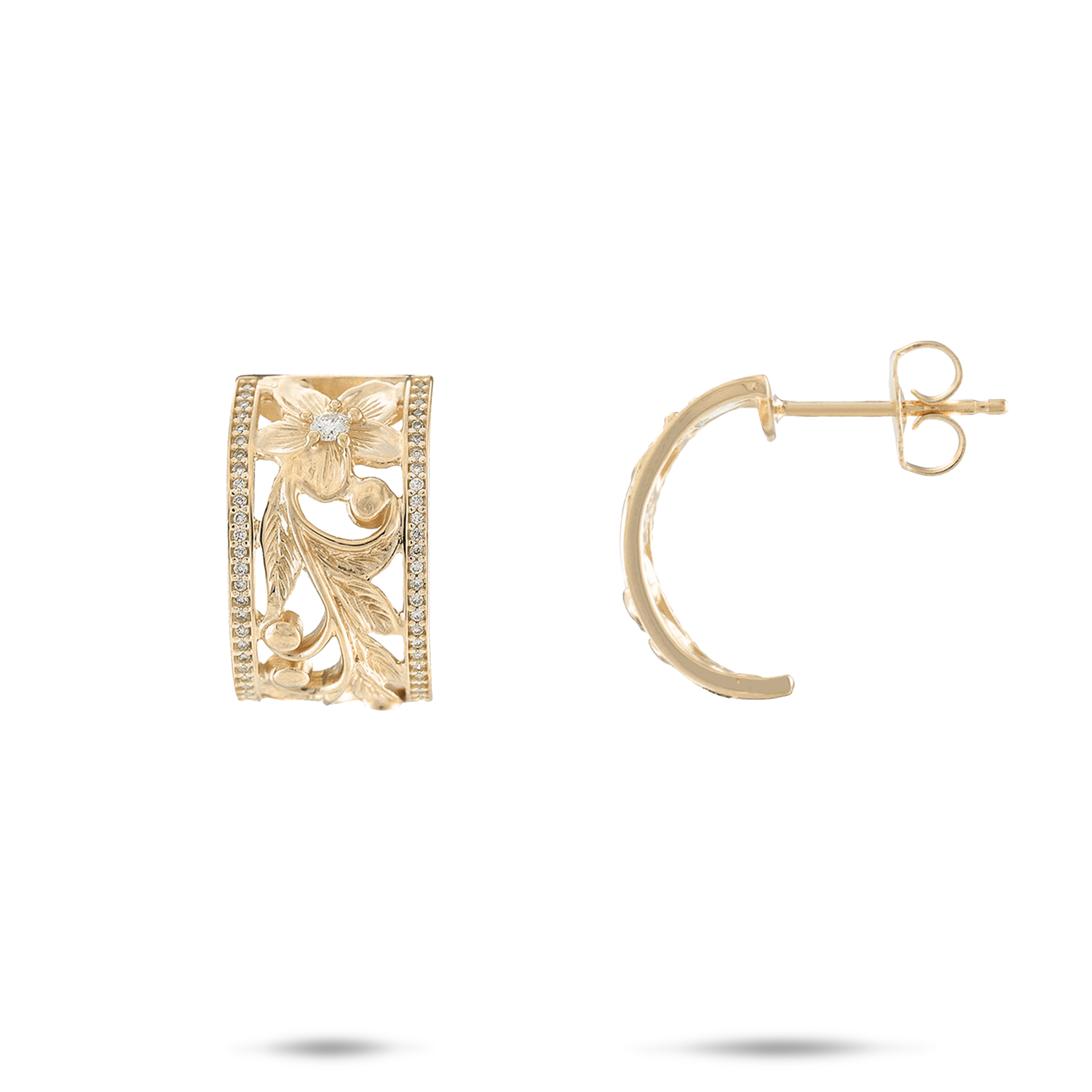 Hawaiian Heirloom Plumeria Scroll Earrings in Gold - 10mm