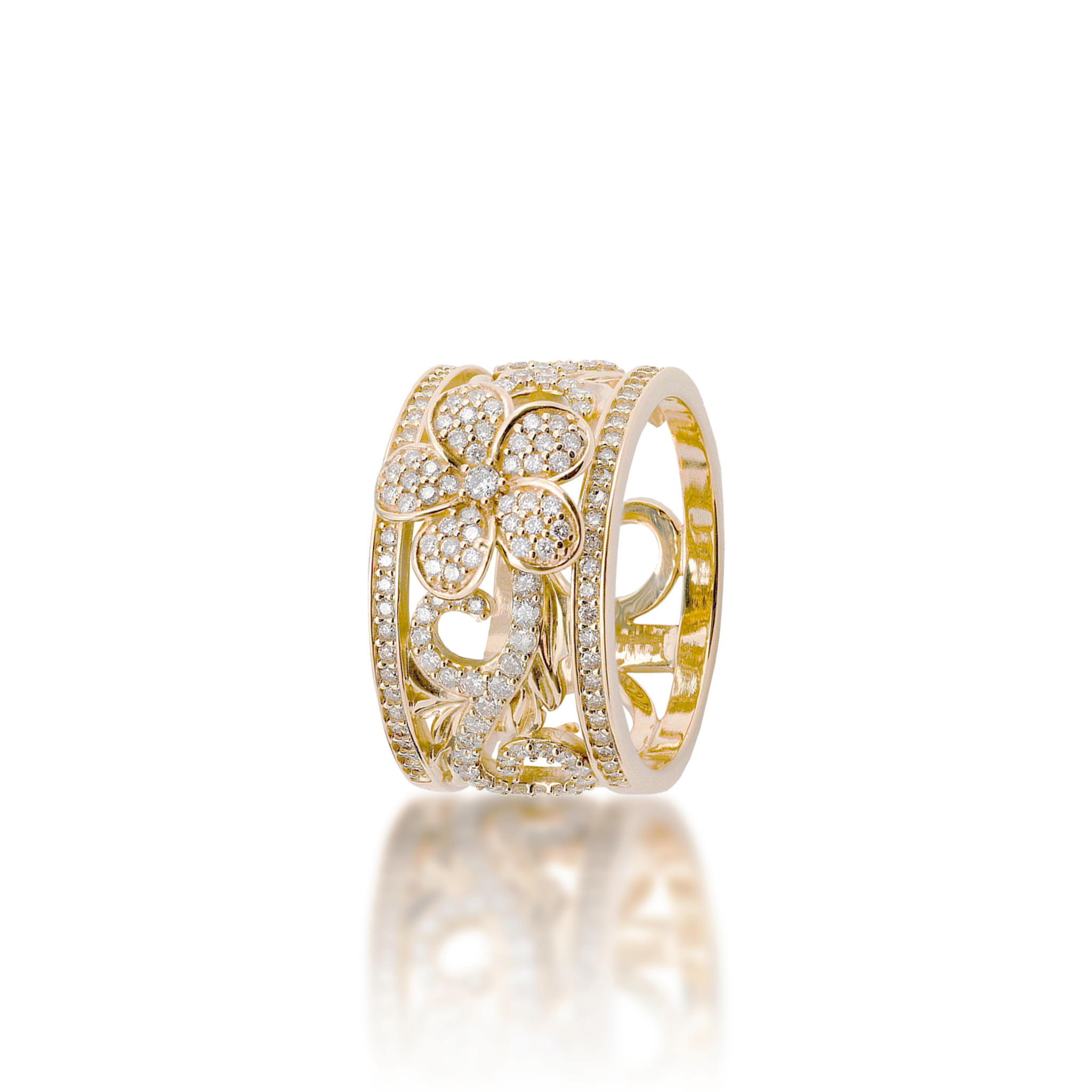ハワイアンの家宝プルメリア婚約指輪とダイヤモンドと金の婚約指輪-12mm