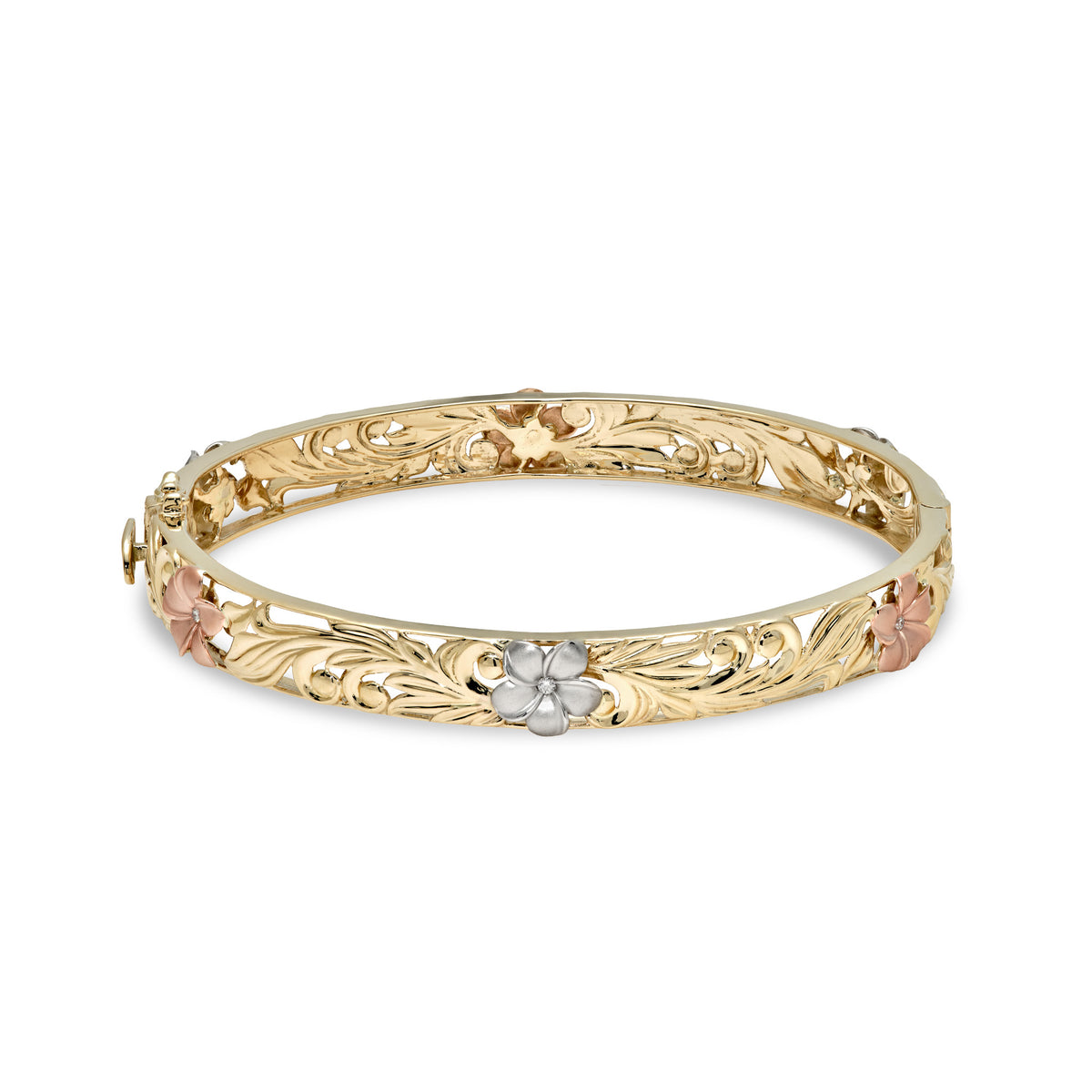 8mm Hawaiian Heirloom Hinge Bracelet in 14k yellow Gold with cut out design of rose and white gold plumeria flowers with diamond accented centers, maile leaves and hapuʻu fern; placed on a white background