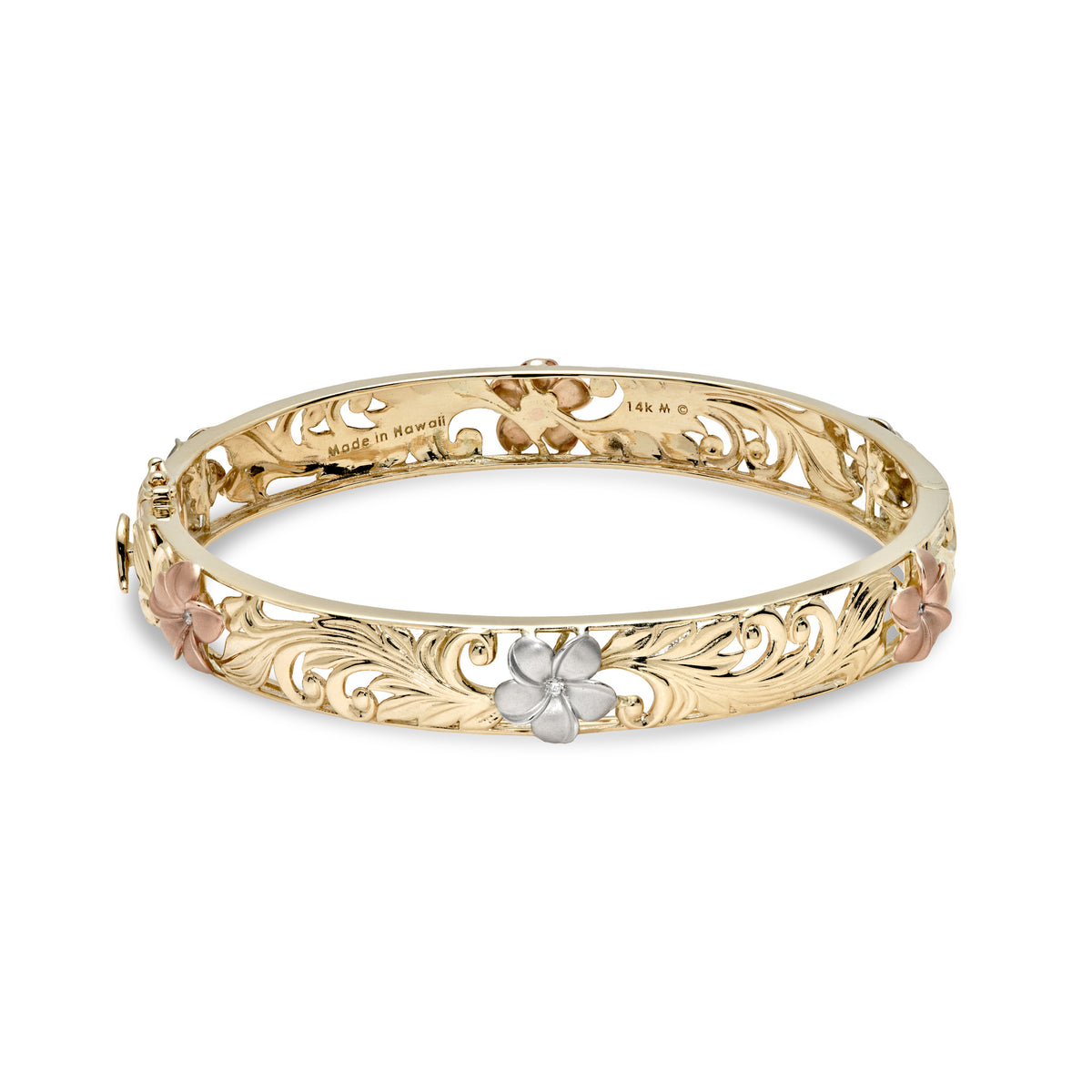 10mm Hawaiian Heirloom Hinge Bracelet in 14k yellow Gold with cut out design of rose and white gold plumeria flowers with diamond accented centers, maile leaves and hapuʻu fern; placed on a white background