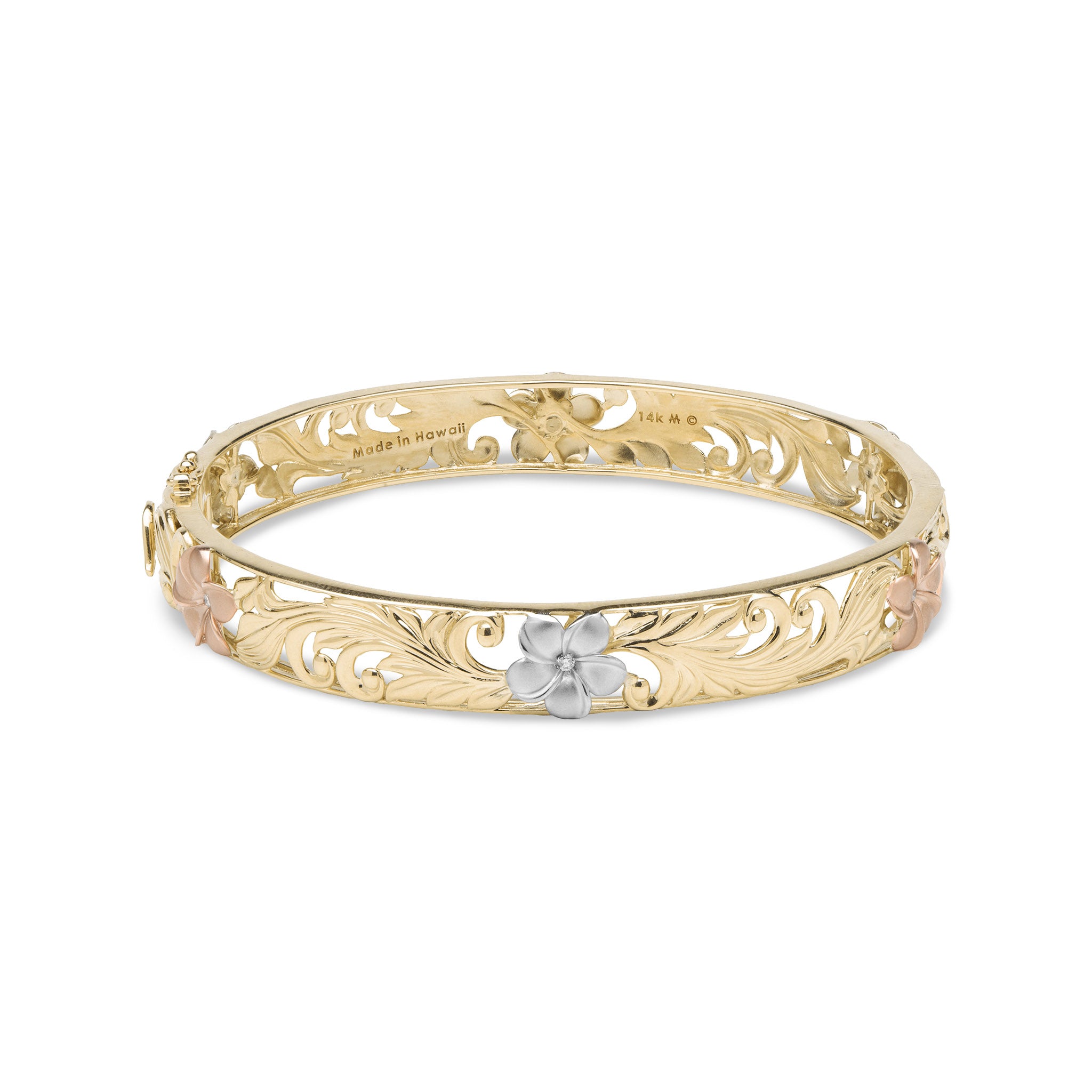 ダイヤモンド付きトライカラーゴールドのハワイの家宝プルメリアブレスレット-10mm -サイズ7.5 "