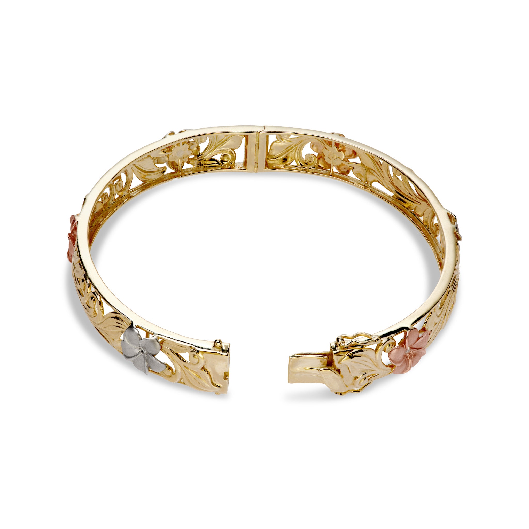 Hawaiian Heirloom Plumeria Hinge Bracelet in Tri Color Gold with Diamonds - 10mm