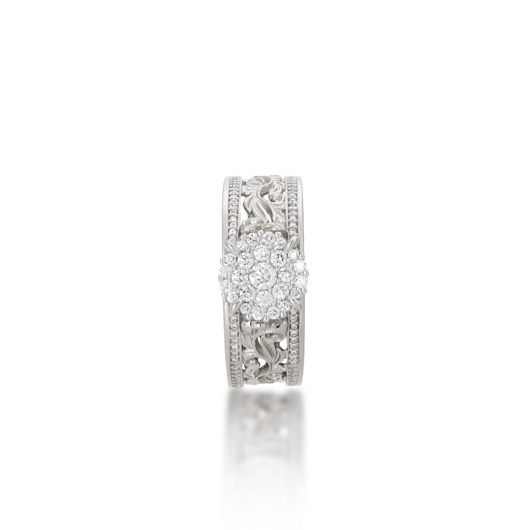 Front view of the 7mm Living Heirloom Engagement Ring in White Gold with Diamonds on a white background