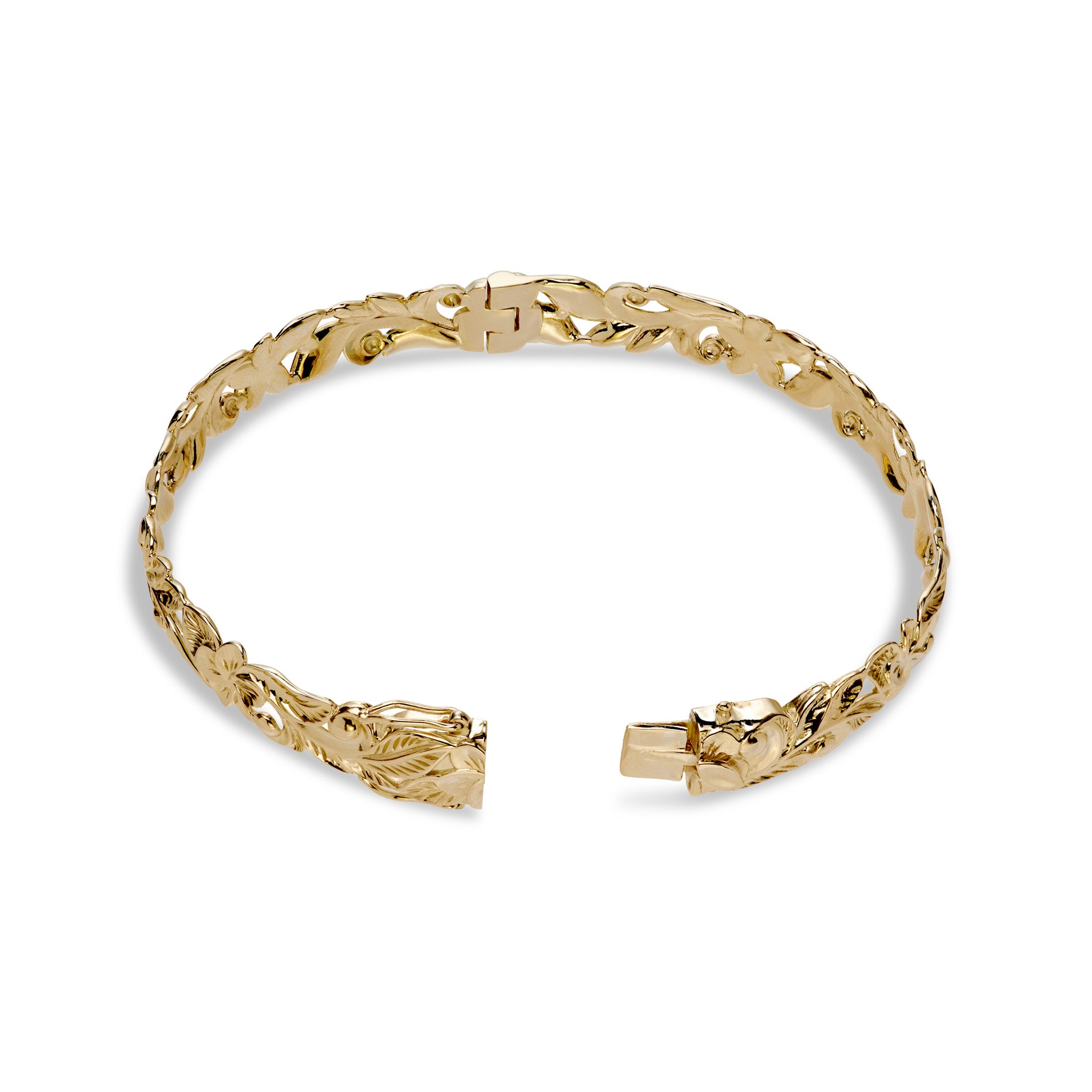 Hawaiian Heirloom Plumeria Hinge Bracelet in Gold - 8mm