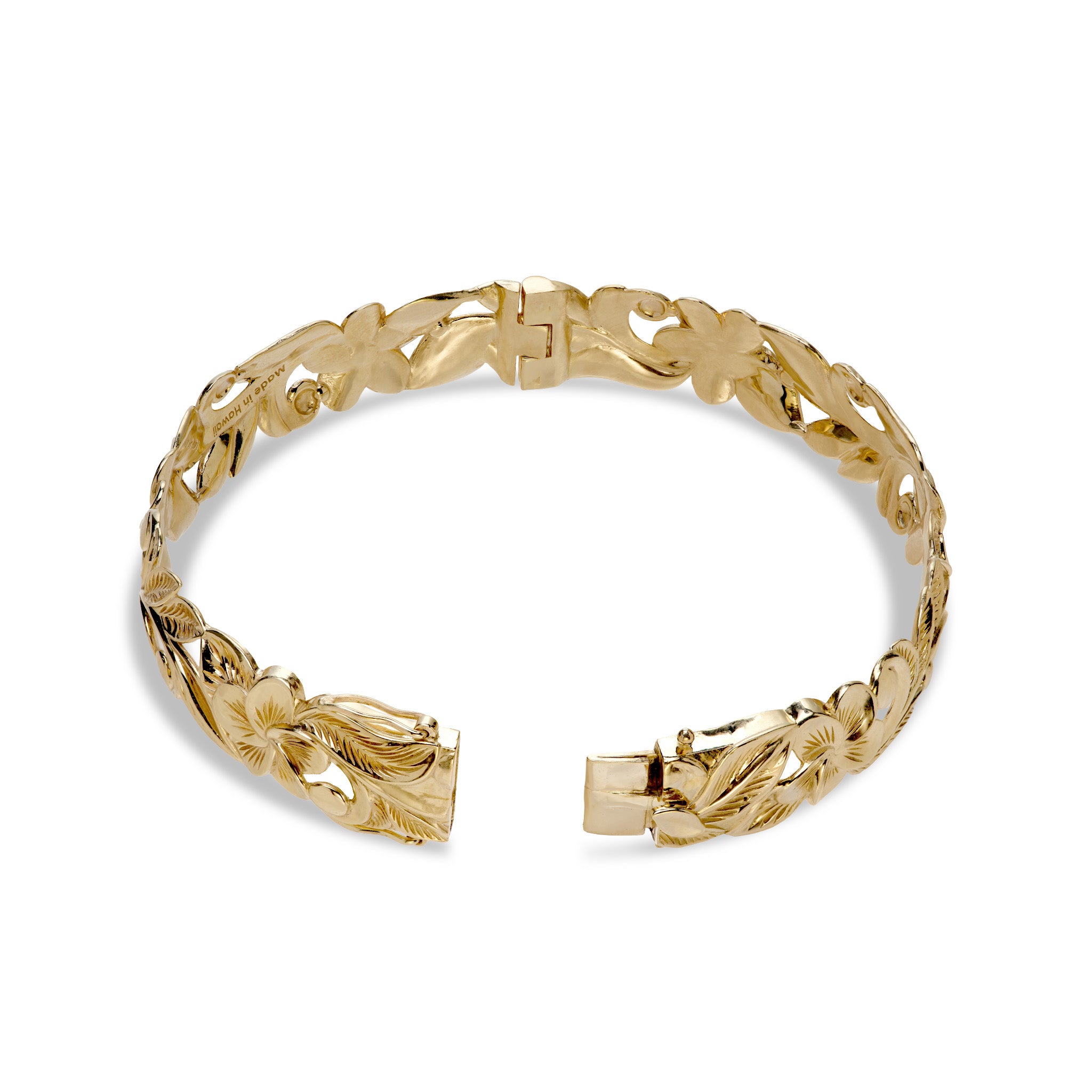 Open clasp on a Hawaiian Heirloom Plumeria Hinge Bracelet in Gold on a white background