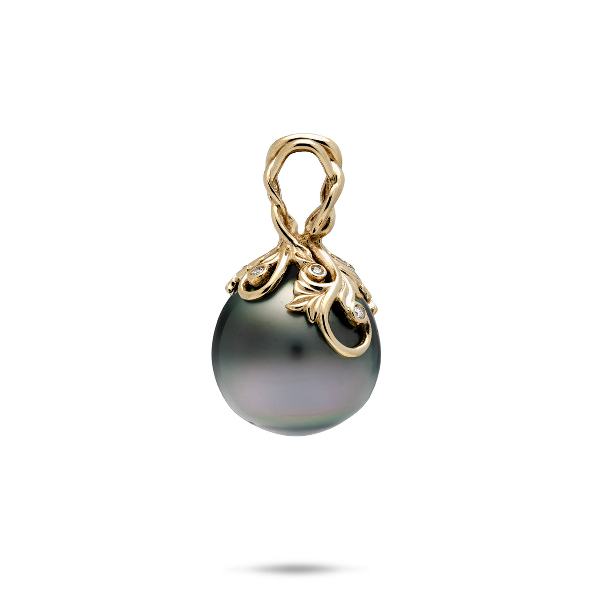 Side view of a 10-12mm Living Heirloom Tahitian Black Pearl Pendant with ornate gold design in 14k yellow Gold of winding maile leaves and hapuʻu ferns, diamond detail; placed on a white background