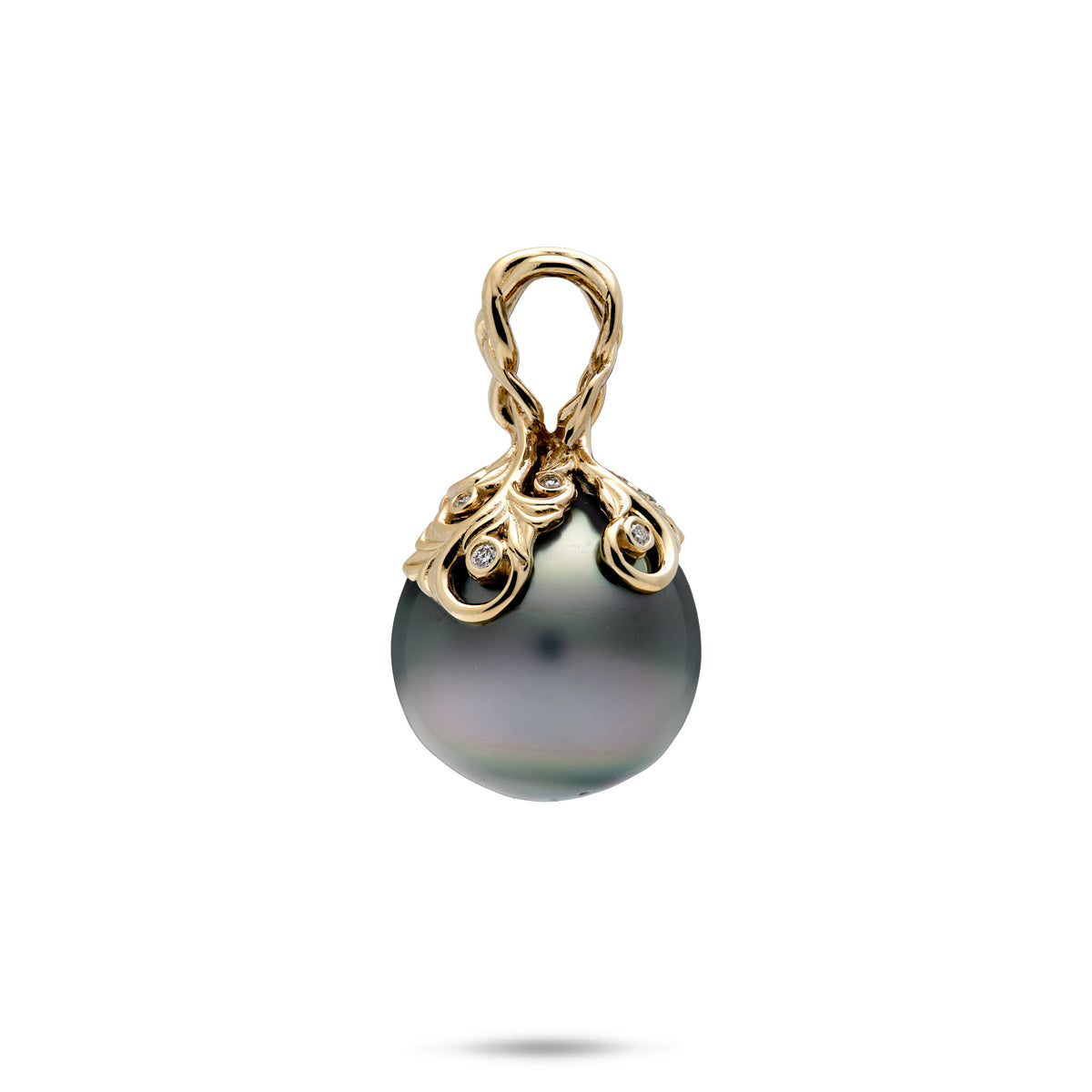 Side view of a 10-12mm Living Heirloom Tahitian Black Pearl Pendant with ornate gold design in 14k yellow Gold of winding maile leaves and hapuʻu ferns, diamond detail; placed on a white background