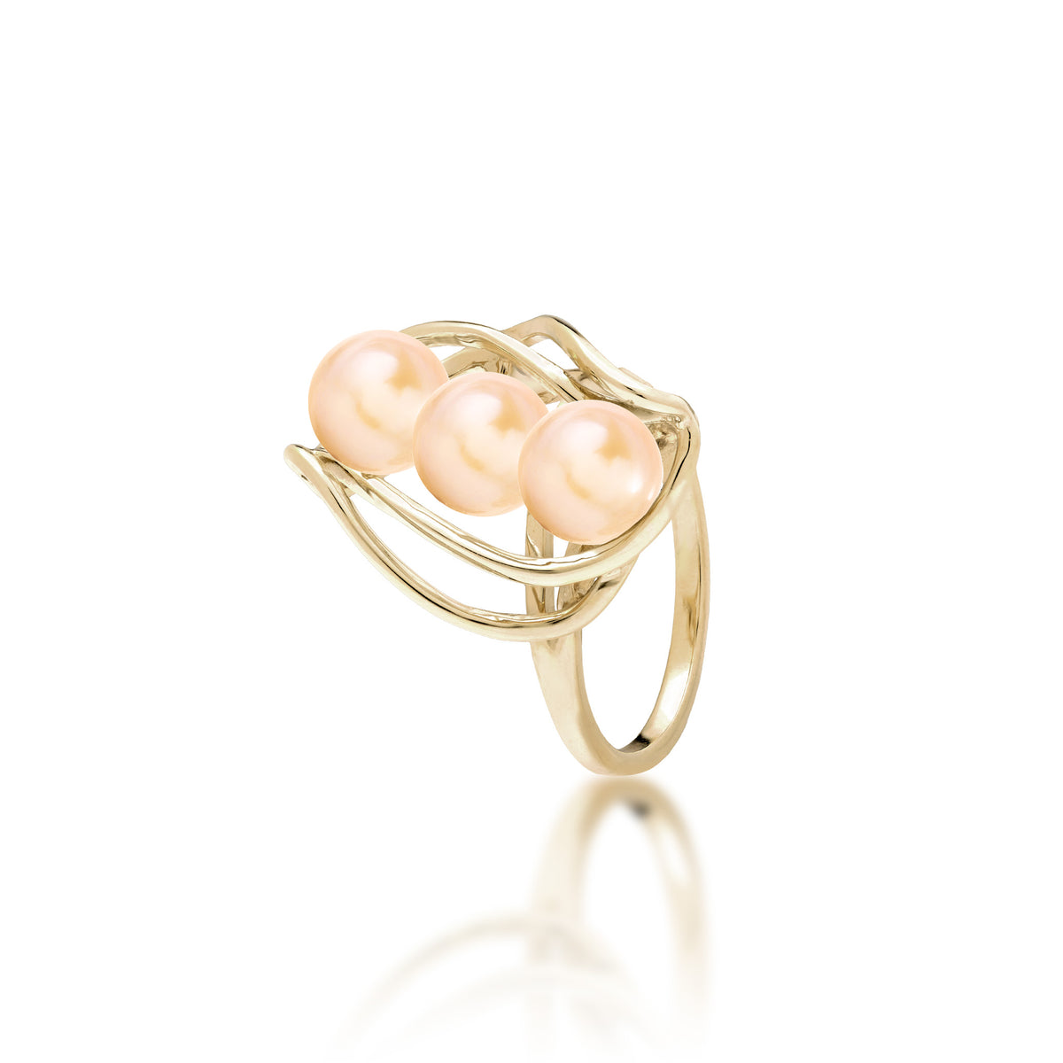 Pick A Pearl Waterfall Ring in Gold with Three Peach Pearls on a white background