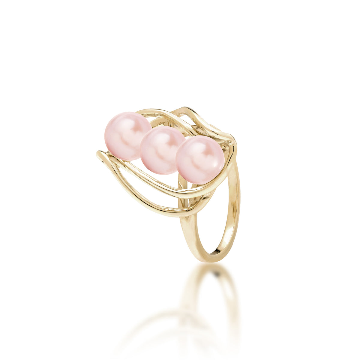 Pick A Pearl Waterfall Ring in Gold with Three Pink Pearls on a white background