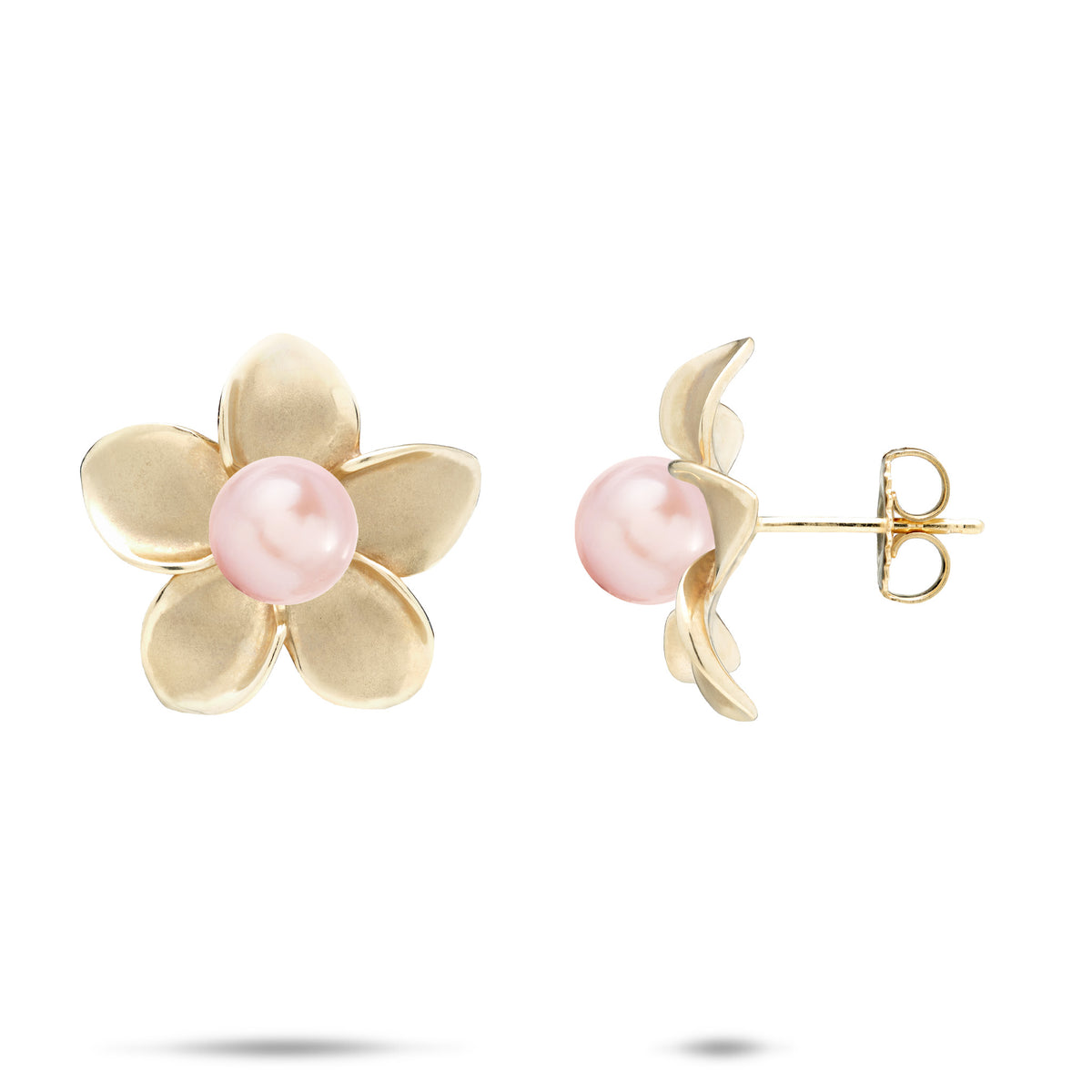 A pair of 18mm 14k yellow gold plumeria flower earrings with a pink freshwater pearl at the center, shown with a front and side view against a white background