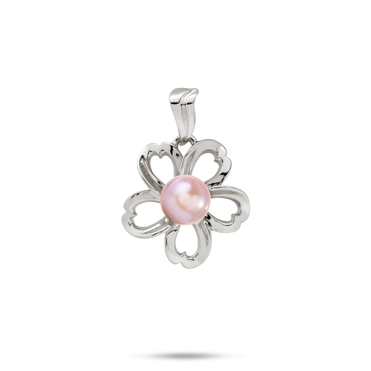 An 18mm high-polish 14k white gold plumeria flower-shaped pendant with cut-out heart shape metals featuring a central lavender freshwater pearl, shown against a plain white background with a soft shadow underneath